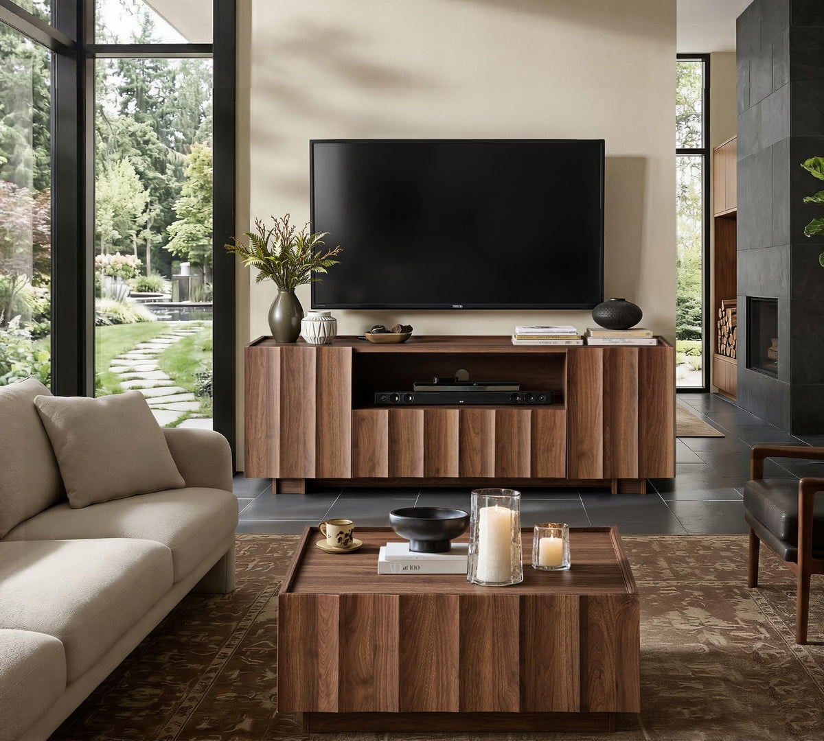 win2win61"MidCenturyModernTVStandwithStorage,WaveDesign,Walnut