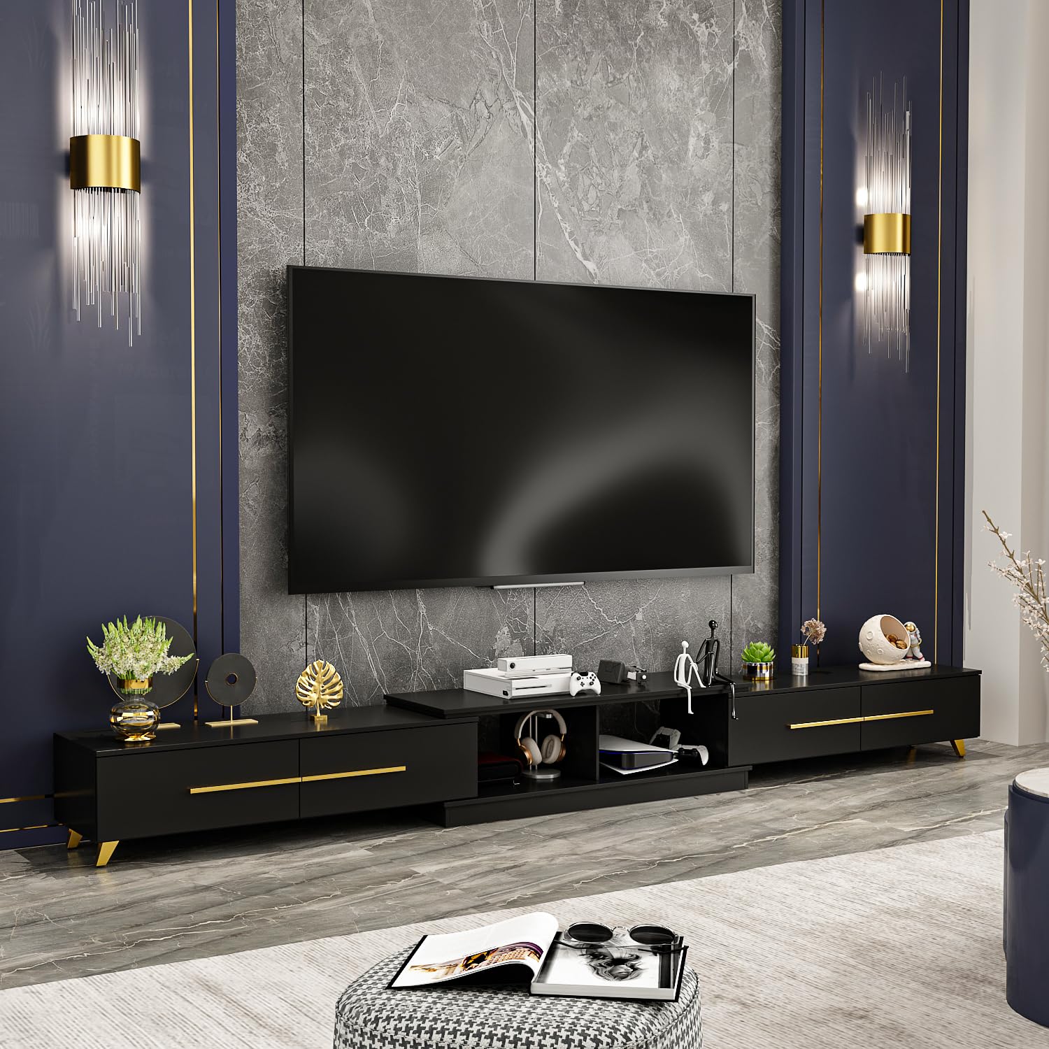 AIEGLE Deformable TV Console in Stretch of 95"-134", Modern Extendable TV Stand with 4 Drawers for TVs up to 120", Wood Media Gaming Entertainment Center Stand, Black