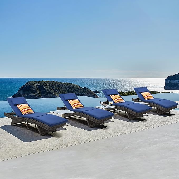 Wicker Patio Chaise Lounge Set with Cushions & Pillows