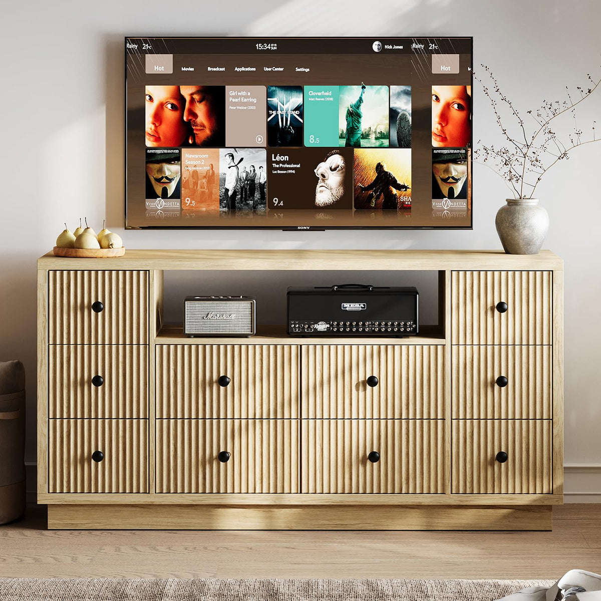 Vordwell Fluted Dresser TV Stand for Bedroom with 10 Drawers, Oak