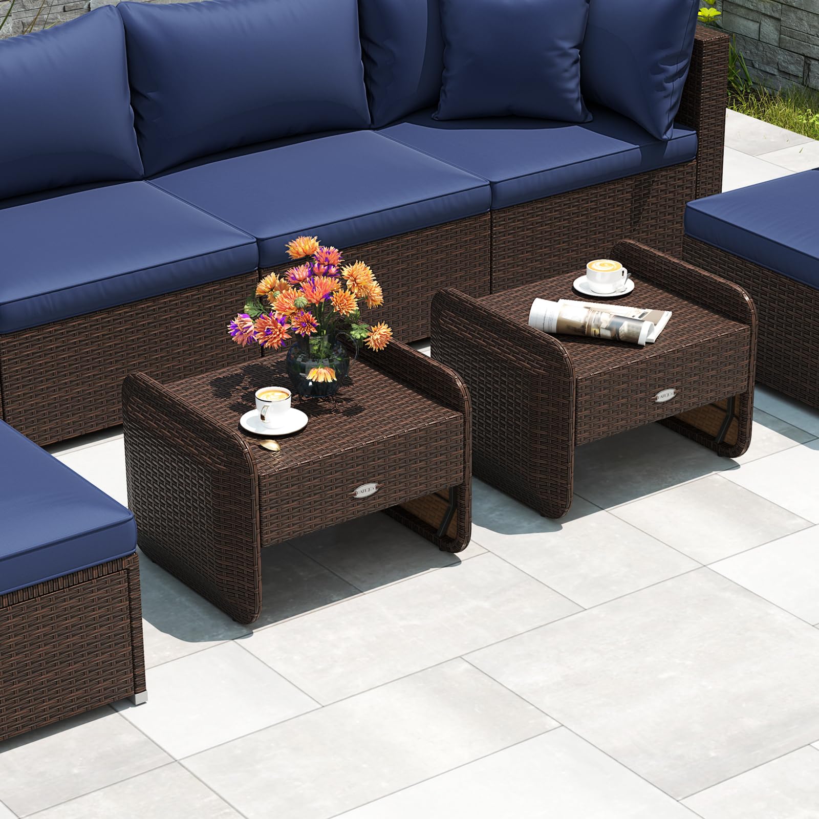 Outdoor PE Rattan Ottoman Set of 2 with Cushions