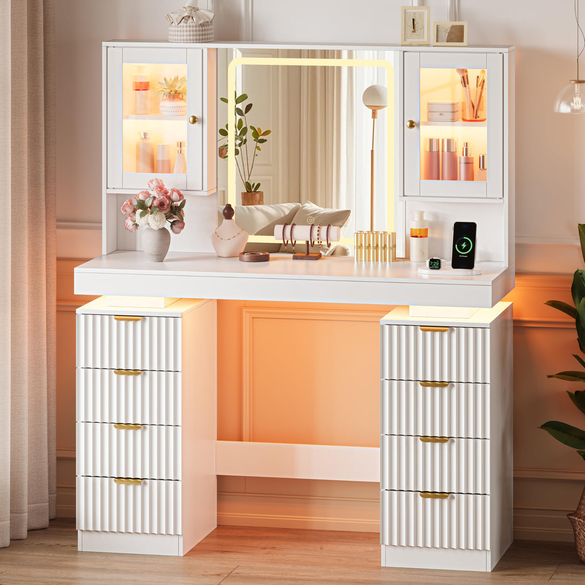 BOXACTION 45" Floating Vanity Desk with RGB Lighting & Led Mirror, White