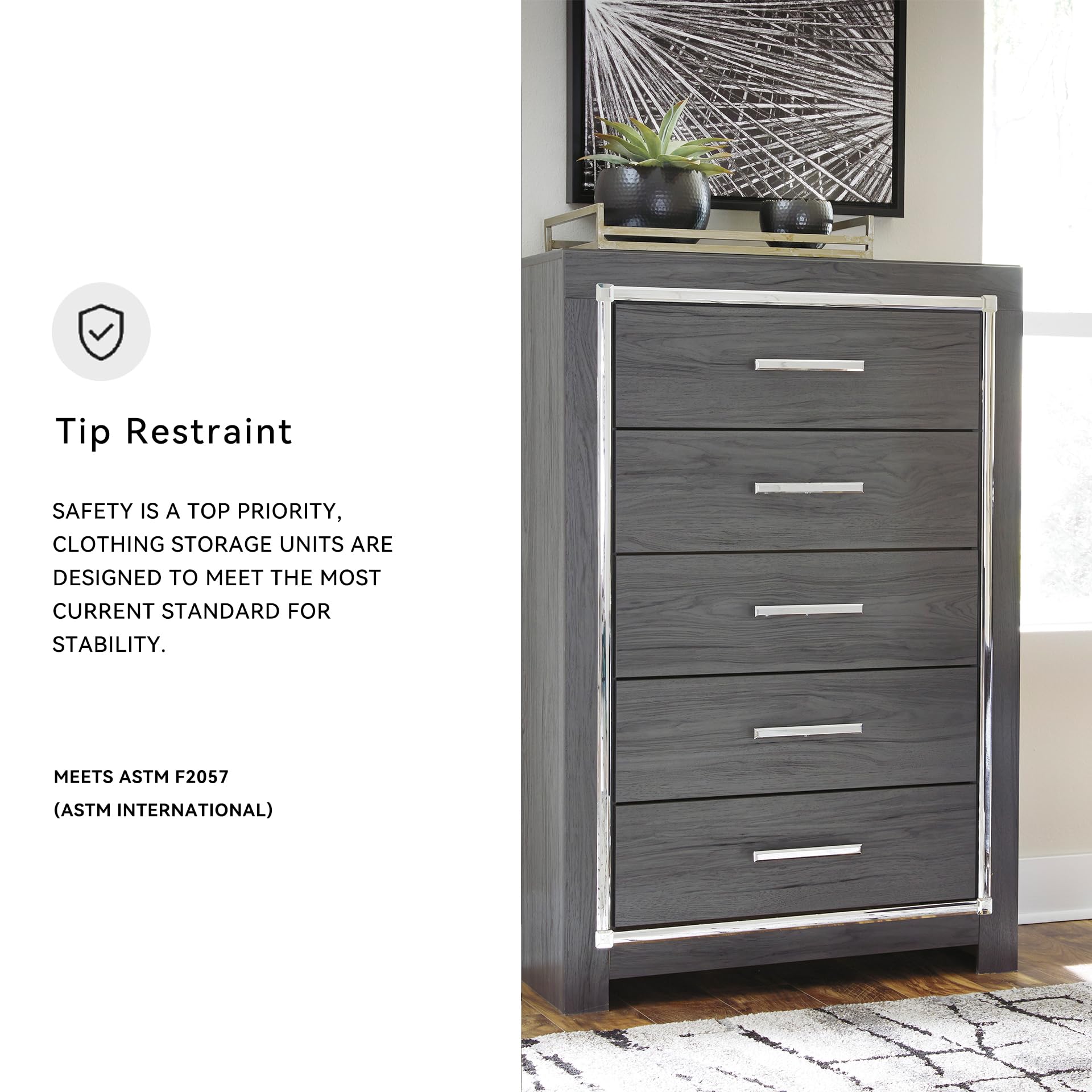 Signature Design by Ashley Lodanna Modern Glam 5 Drawer Chest, Faceted Chrome-tone Pulls and Accents, Wood, 33.75" Wide x 15.75" Deep x 51" High, Gray