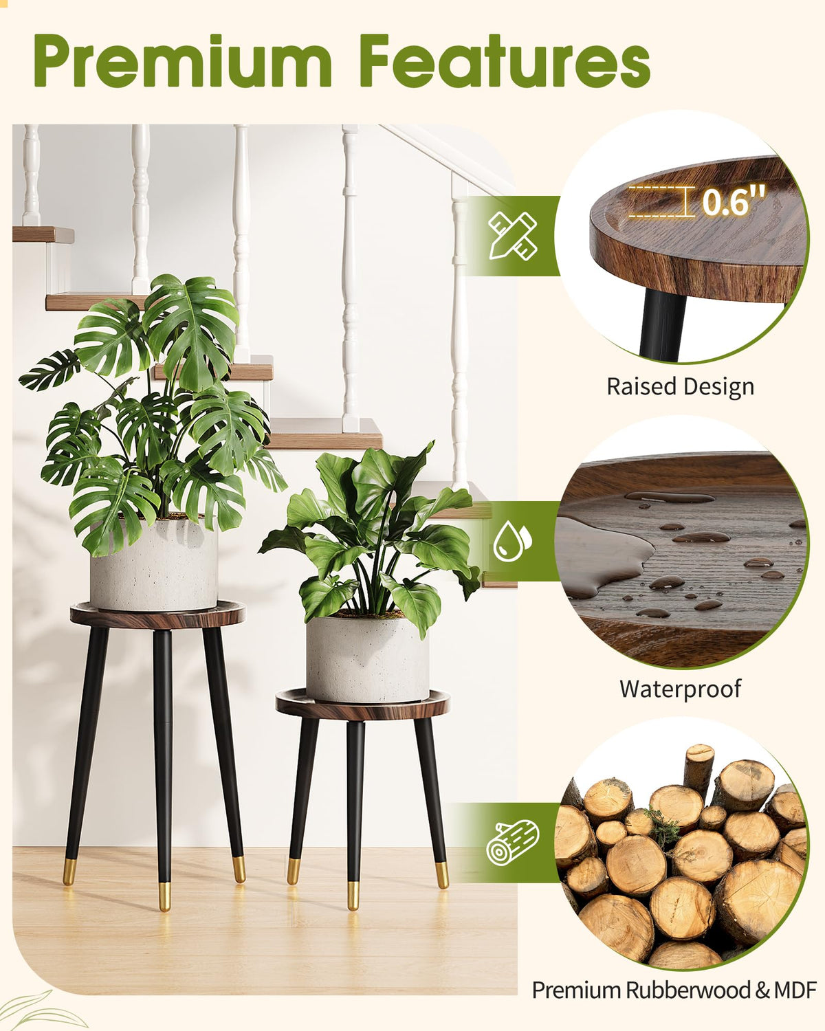 AZADESJET Plant Stand Indoor 2 Pack, Mid Century Wood Indoor Plant Stands, Tall Plant Holder for Flower Pot, Modern Plant Table Round Side End Table With Raised Design, Walnut, 11.7"x18.8" & 11.7"x13"