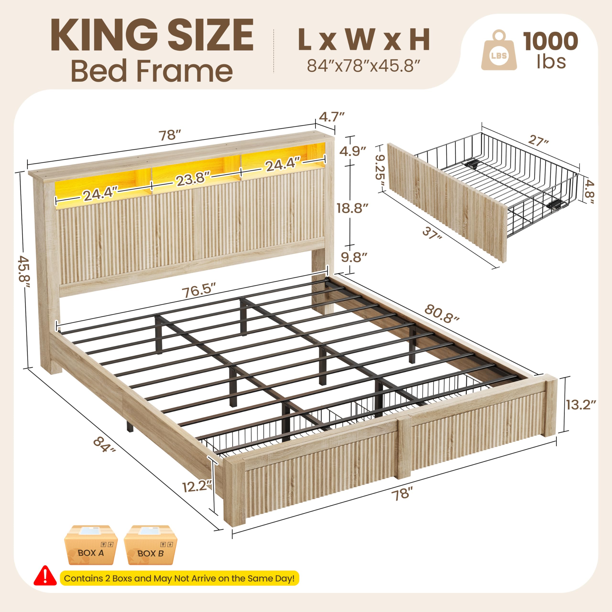 King Size Bed Frame with Storage Drawers, LED Lights & Charging Port