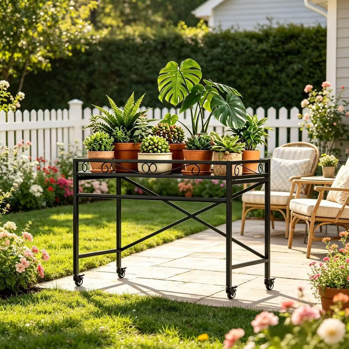 Zhongma Window Height Sturdy Metal Plant Stand with Wheels, 36.6 x 16 x 26.2 in High, Heavy Duty Succulent Shelf for Home Indoor and Outdoor, 220 LBS Capacity & Heavy Duty Construction