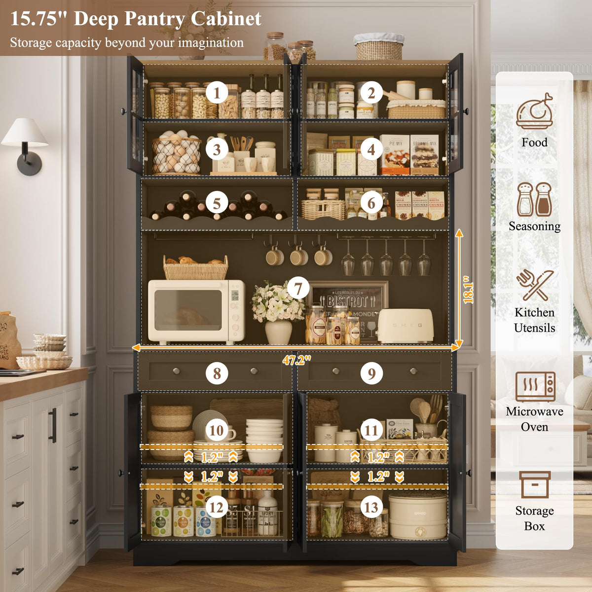 HOSTACK 75"H Kitchen Pantry Storage Cabinet, Kitchen Hutch Cabinet, Black