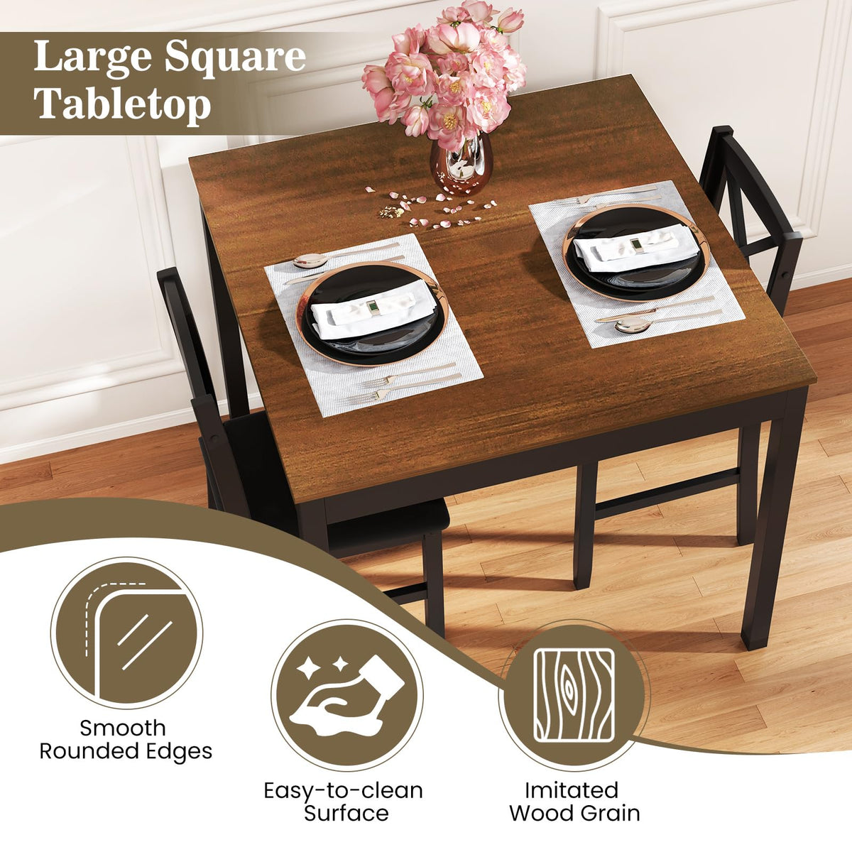 GIANTEX 3-Piece Dining Table Set for 2 - Small Wooden Kitchen Table with Upholstered PVC Leather Chairs, Rubber Wood Legs, Modern Compact Dining Set for Dinner, Kitchen, Restaurant, Dinette (Brown)