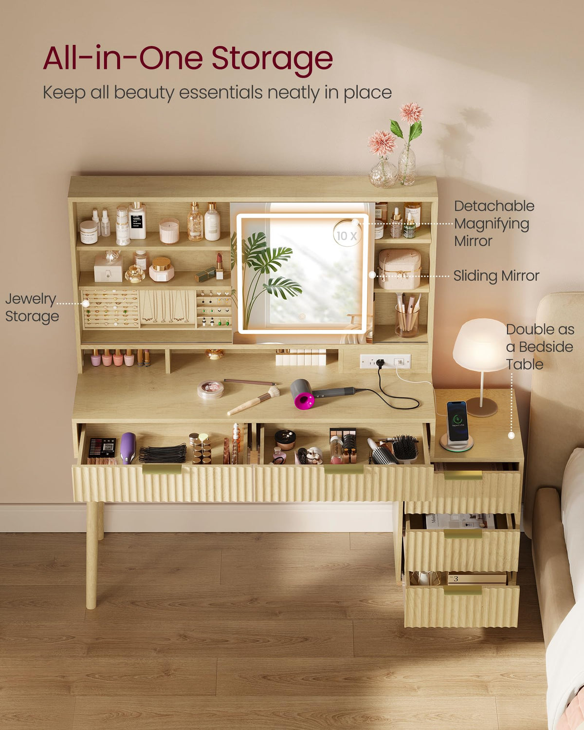 Fluted Vanity Desk with Lighted Sliding Mirror
