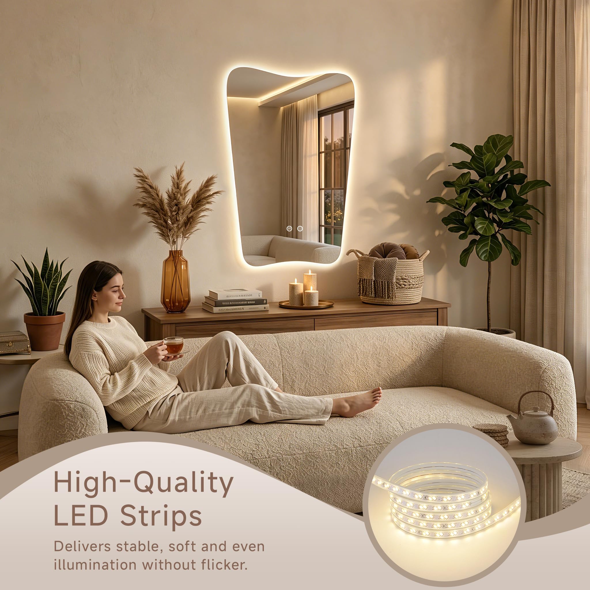 24“x36” Irregular Backlit Bathroom Mirror with Lights, Abstract Vanity Mirror with Lights, Anti-Fog Wall Mirror,Dimmable