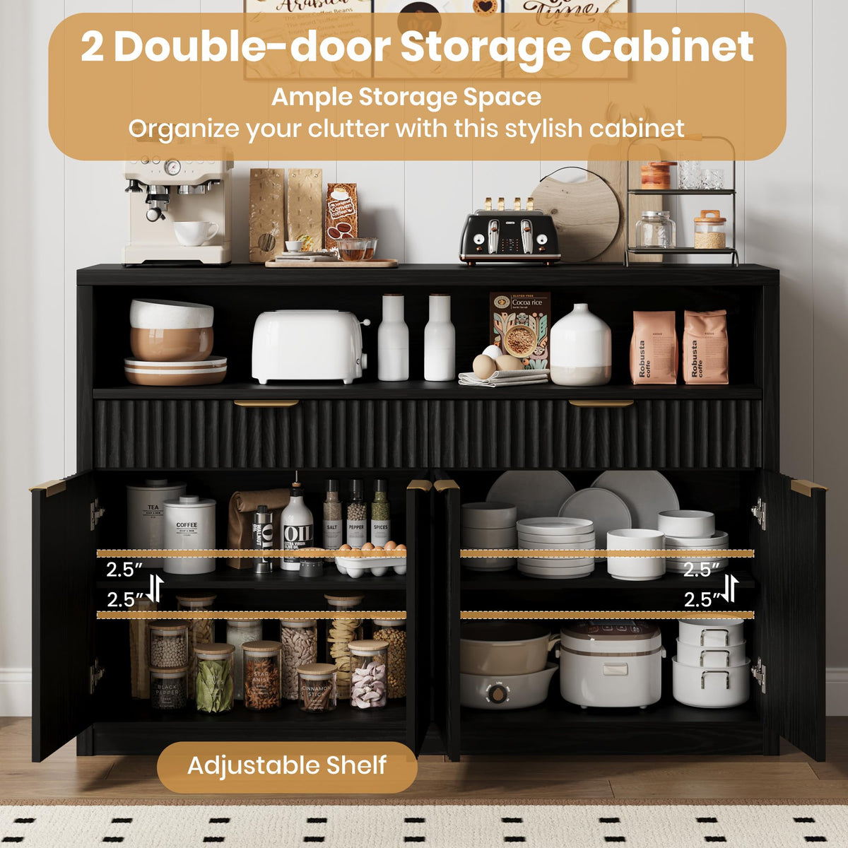 Garvee 51" Buffet Sideboard Cabinet, Modern Hutch Storage Cabinets Black