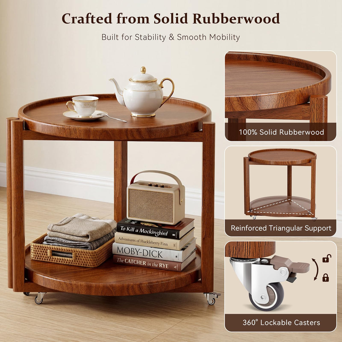 Round Wood Rolling Side Table