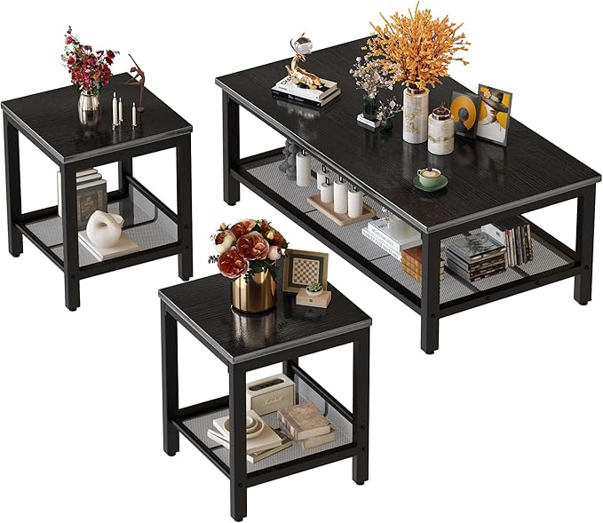 3-Piece Industrial Coffee Table Set with 2 End Tables