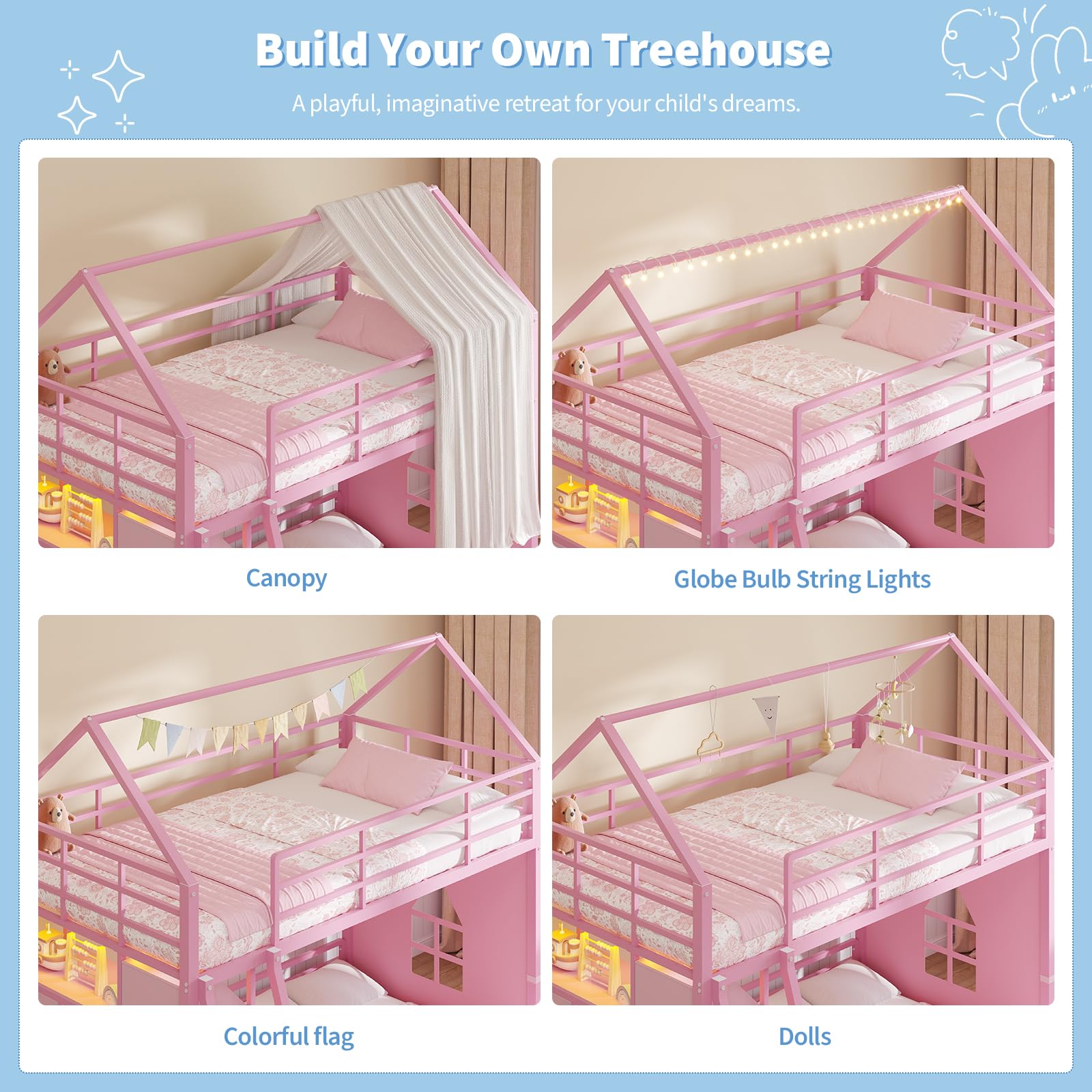 Twin Over Twin House Bunk Bed with LED Lights & Storage