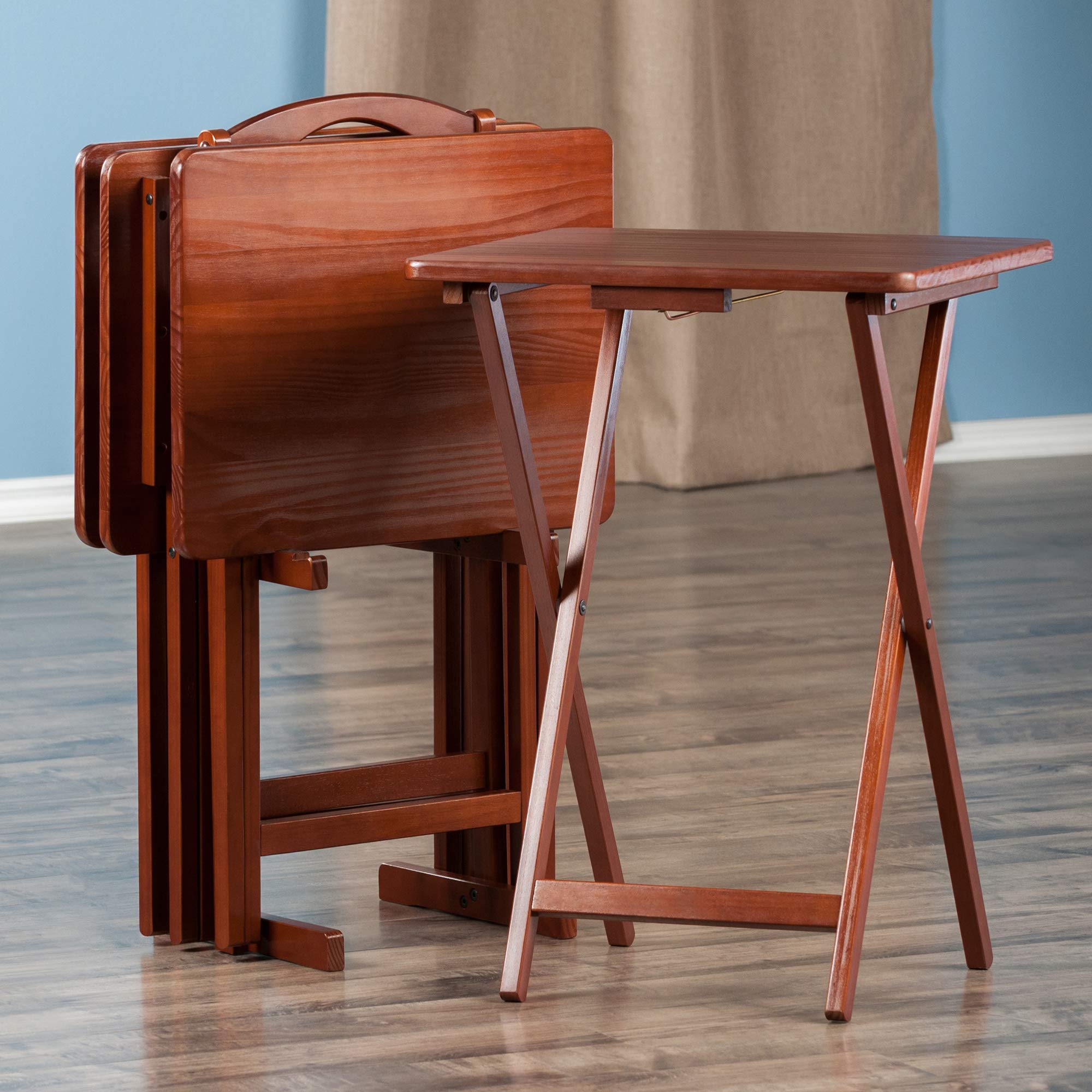 Winsome Alex Set of 4 Foldable Snack Tables with Storage Rack in Walnut, Easy to Store Portable Fold Up Table Set for Kitchen, Living Room TV Dining, Crafts, Puzzles, Work From Home