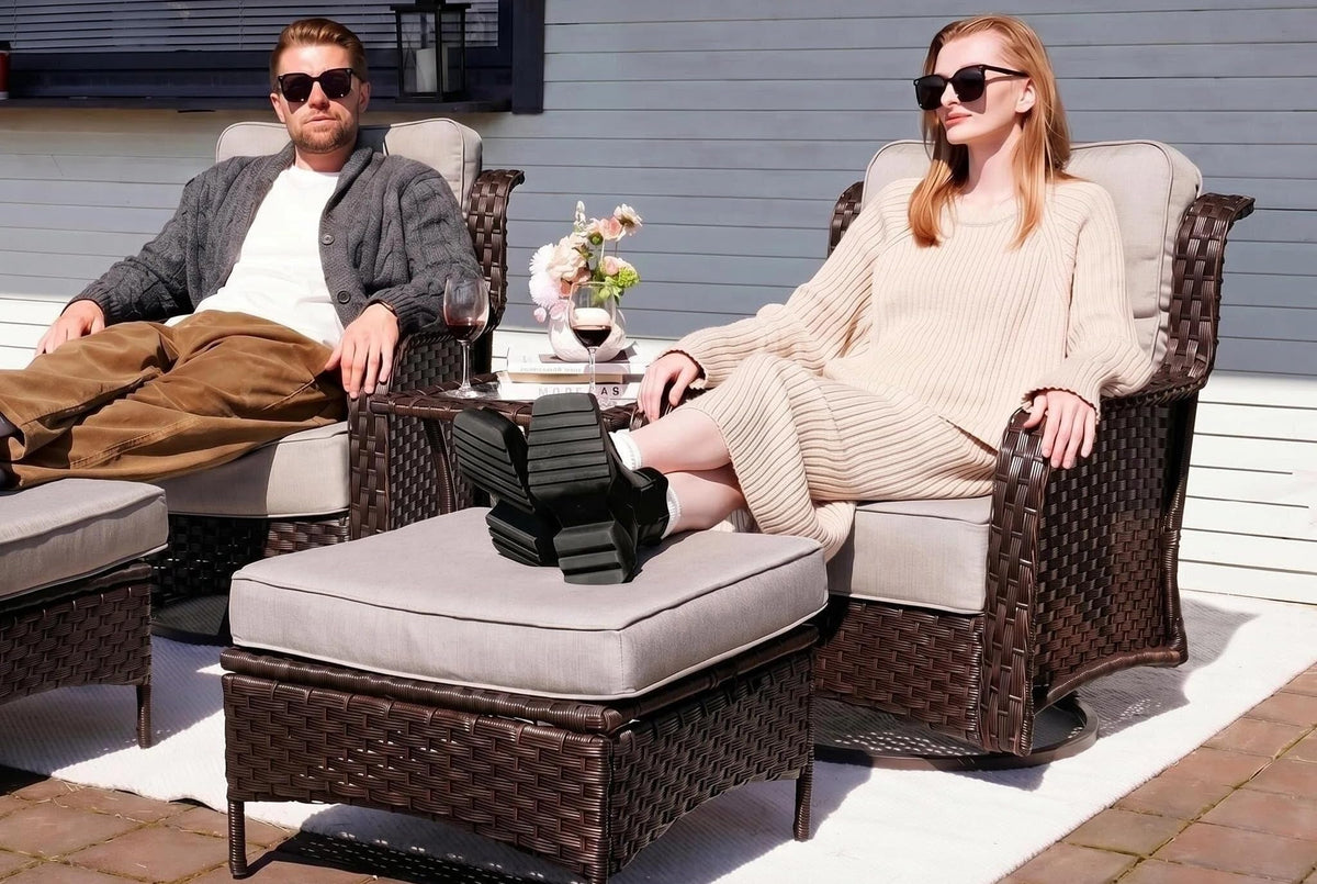 Sundale Outdoor Set of 2 Wicker Ottomans, 22.83" x 22.83" Outdoor Footrest with 4" Thick Large Cushions, All Weather Rattan Patio Ottoman for Footstool, Side Table (Grey)