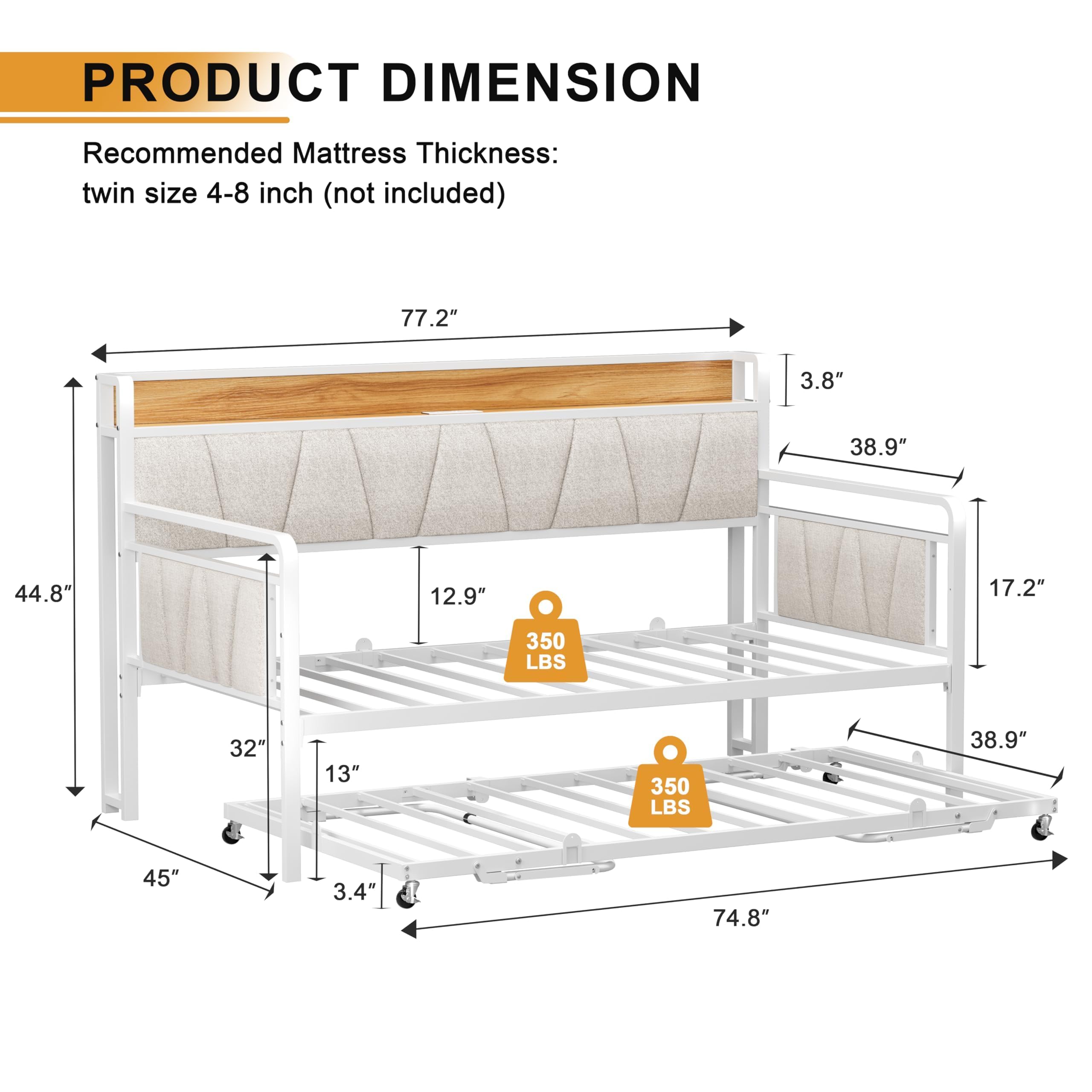 knocetx Twin Daybed with Trundle, Modern Twin Size Sofa Day Bed, Sturdy Metal Bed Frame with Upholstered Headboard for Living Room, Bedroom, Studio Apartment (White)
