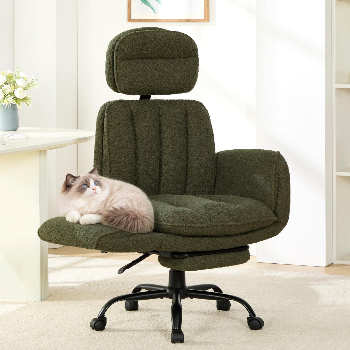 YUUIJOAA Big and Tall Office Chair with Flip Armrests, Teddy Criss Cross Legged Ergonomic Computer Gaming Chair with Foot Rest, Extra Wide Seat Office Desk Reclining Chair with Pet Seat, Green