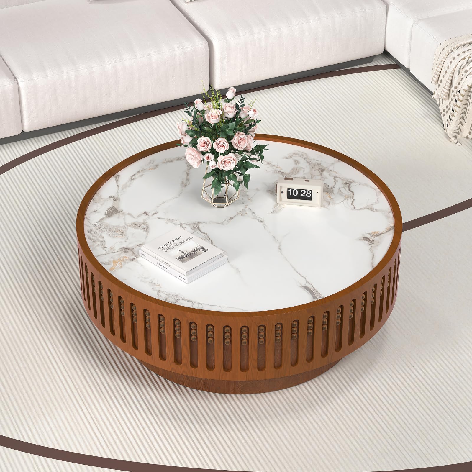 JHKZUDG 35.4" Round Coffee Table with Sintered Stone Tabletop, Wooden Fluted Coffees Table, Circle Accent Center Table for Living Room Apartment Office Small Space (35.4" Coffee Table)