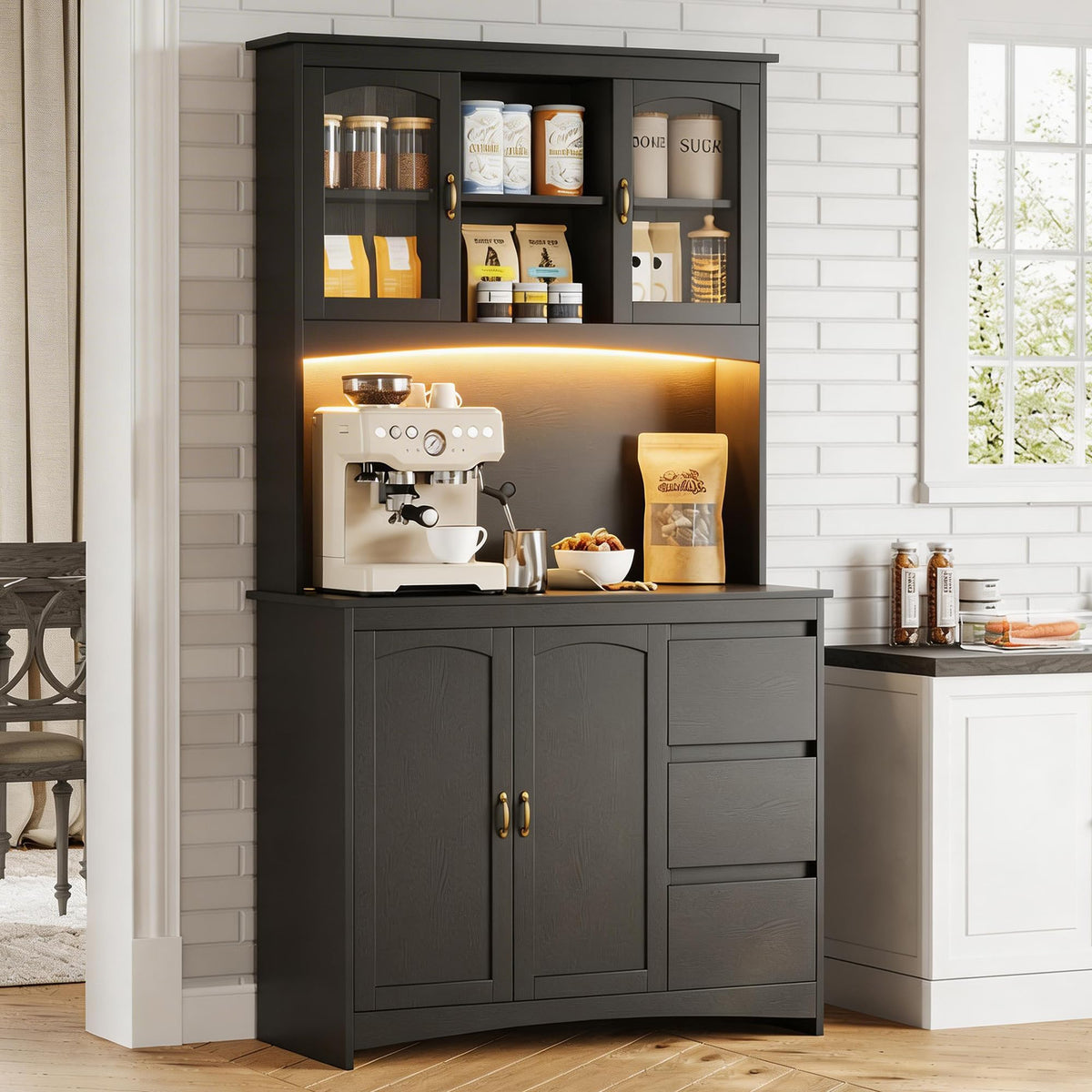 Garvee Kitchen Pantry Cabinet with LED Lights & Charging Station, 71" Tall Kitchen Hutch Storage Cabinet with Countertop, 3 Drawers, 4 Doors, Adjustable Shelves for Dining Room, Black