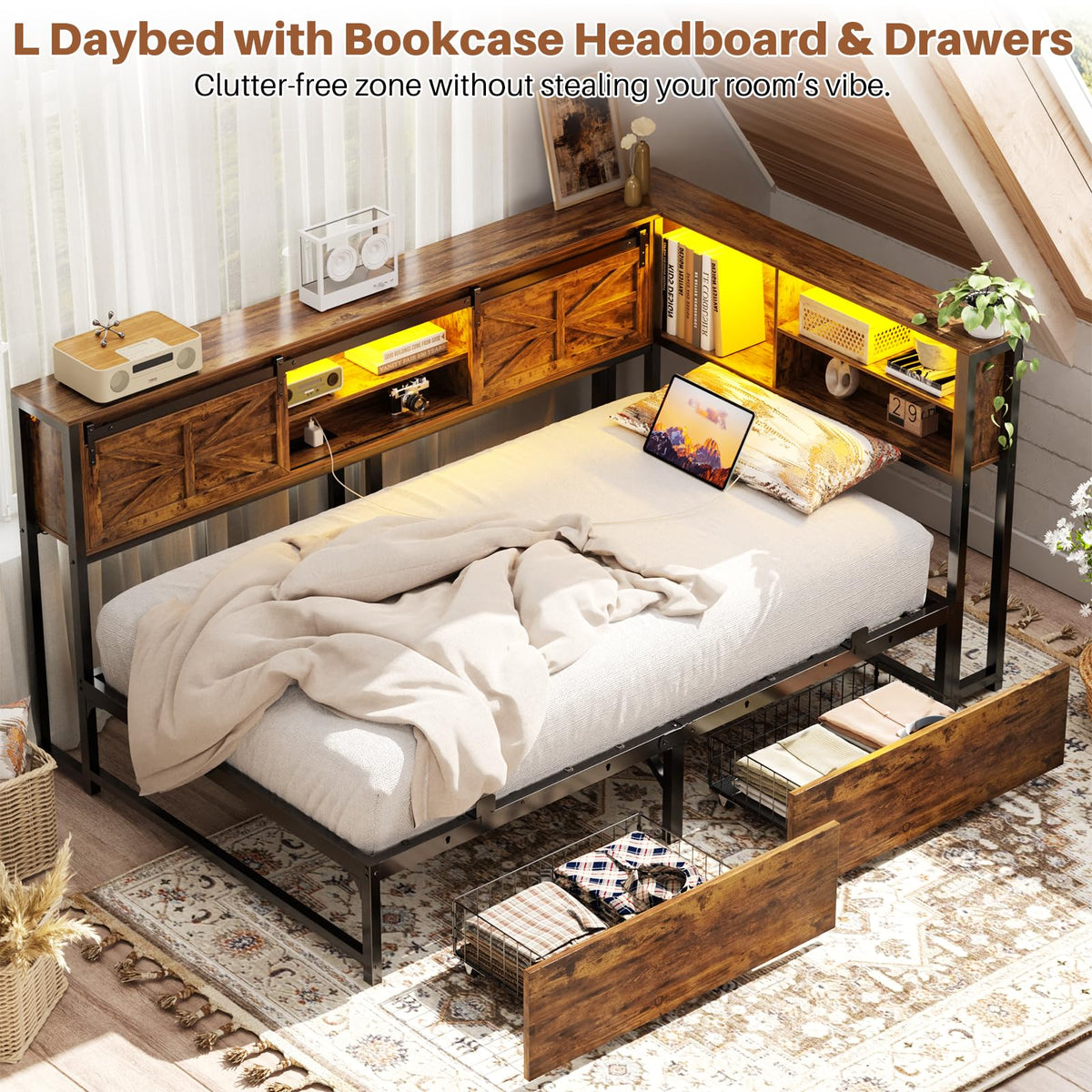 Homieasy Corner Bed Frame with Drawer, Storage Shelf, Bookcase, Outlet, LED