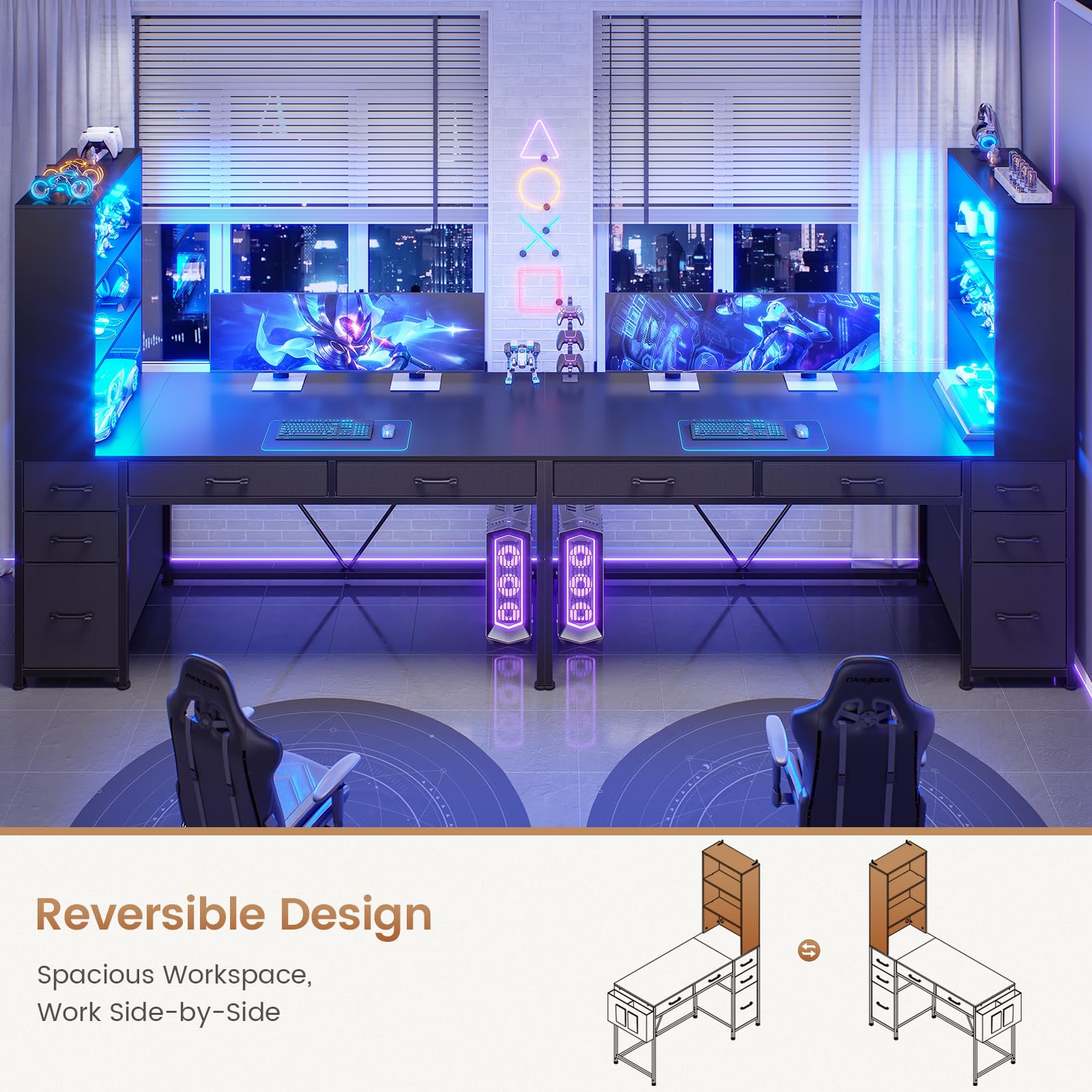 Reversible Gaming & Home Office Desk with Drawers, Bookshelf & RGB LED Lights
