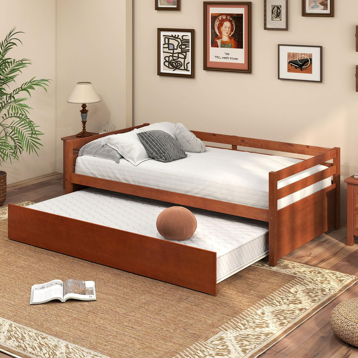 GIANTEX Twin Daybed with Trundle, Wood Trundle Bed with Wood Slat Support, Mid Century Day Bed Frame for Living Room Guest Room, No Box Spring Needed, Walnut
