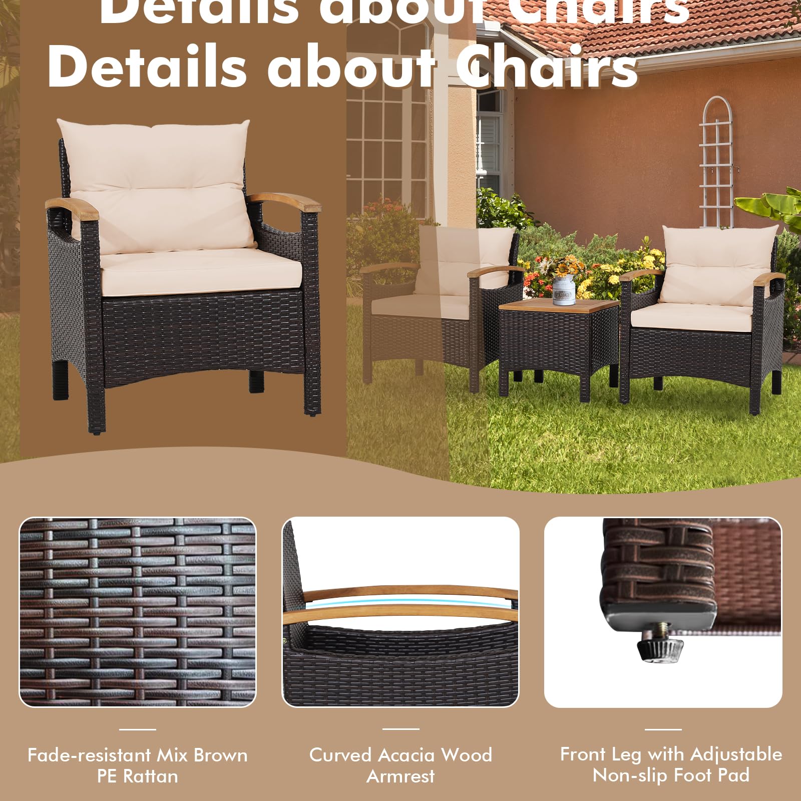 3-Piece Patio Rattan Conversation Set