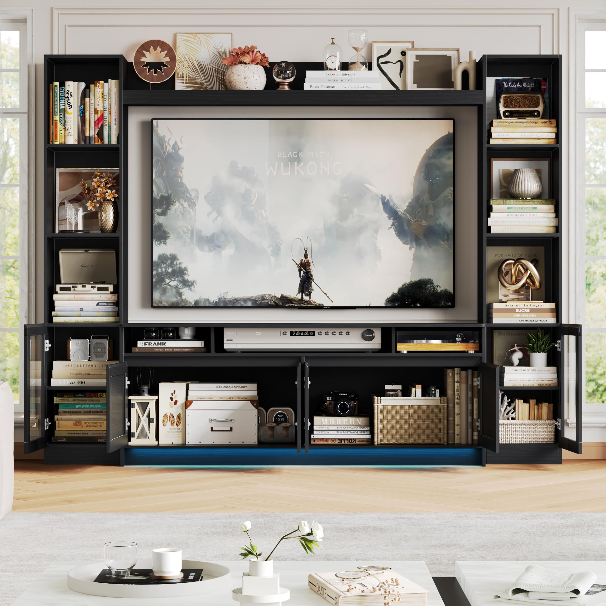 FACBOTALL 79" W Entertainment Center with Bookshelves & Storage Cabinet, Modern Wall Unit TV Stand for TVs up to 60", Large TV Console with LED Lights for Living Room, Black