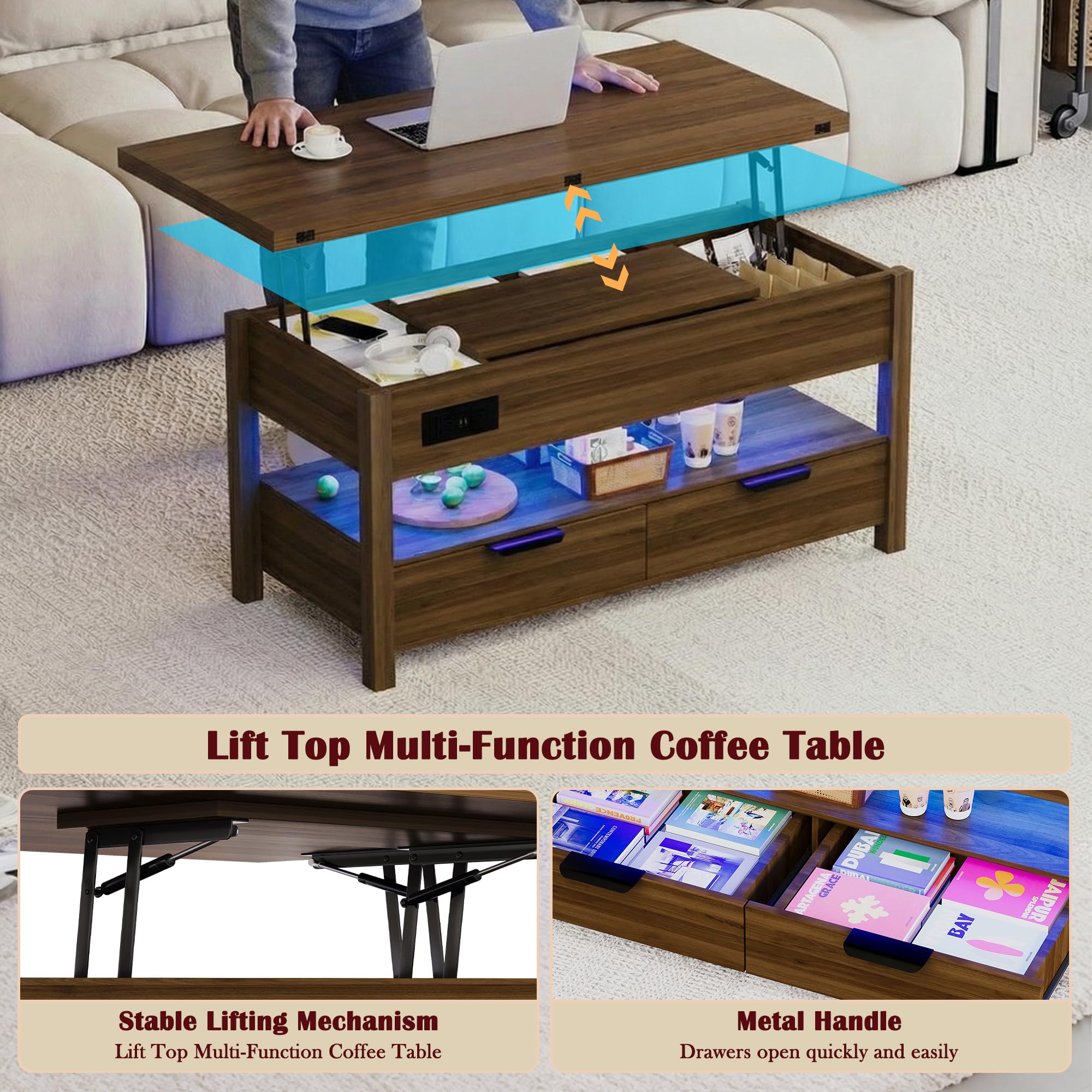 Cakhdry 40" Lift Top Coffee Table, Smart Coffee Tables with Power Outlets & LED Lights, Modern Center Table Converts to Dining Table with Lifting Top and Storage for Living Room, Walnut