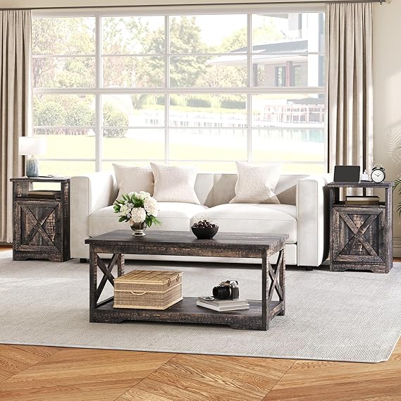 Farmhouse 3-Piece Coffee Table Set with Charging Station