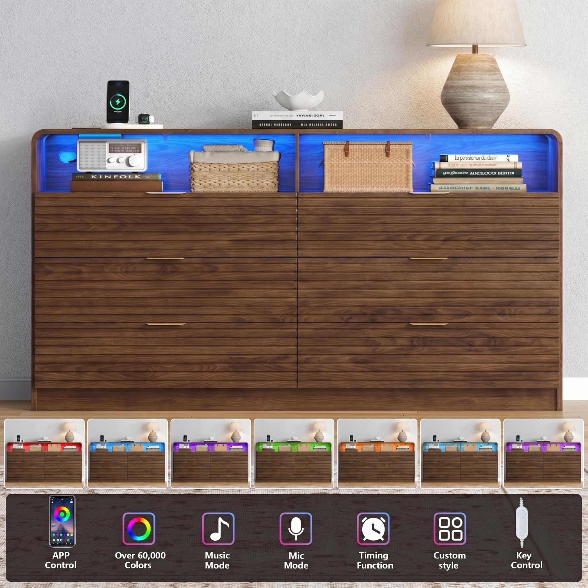 Gyfimoie 55'' Wide Fluted 6 Drawers Dresser with 2 Cubbies, LED Dressers & Chests of Drawers with Power Outlet, Fluted Dresser for Bedroom with Rounded Corners (Walnut)