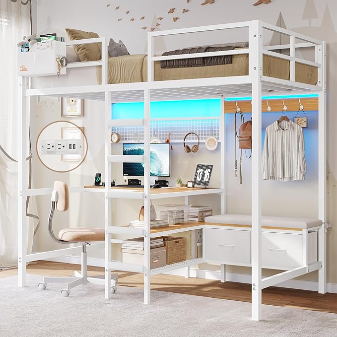 Twin Loft Bed with L-Shaped Desk & LED Lights