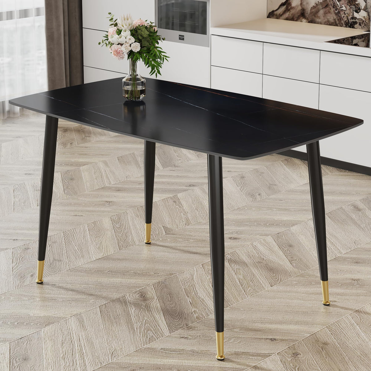 WEKEOT 50" Rectangular Sintered Stone Dining Table for 4 Minimalist Kitchen Table with Black Metal Legs Dinner Table for Kitchen Dinette Breakfast Nook (1 Table, Black)