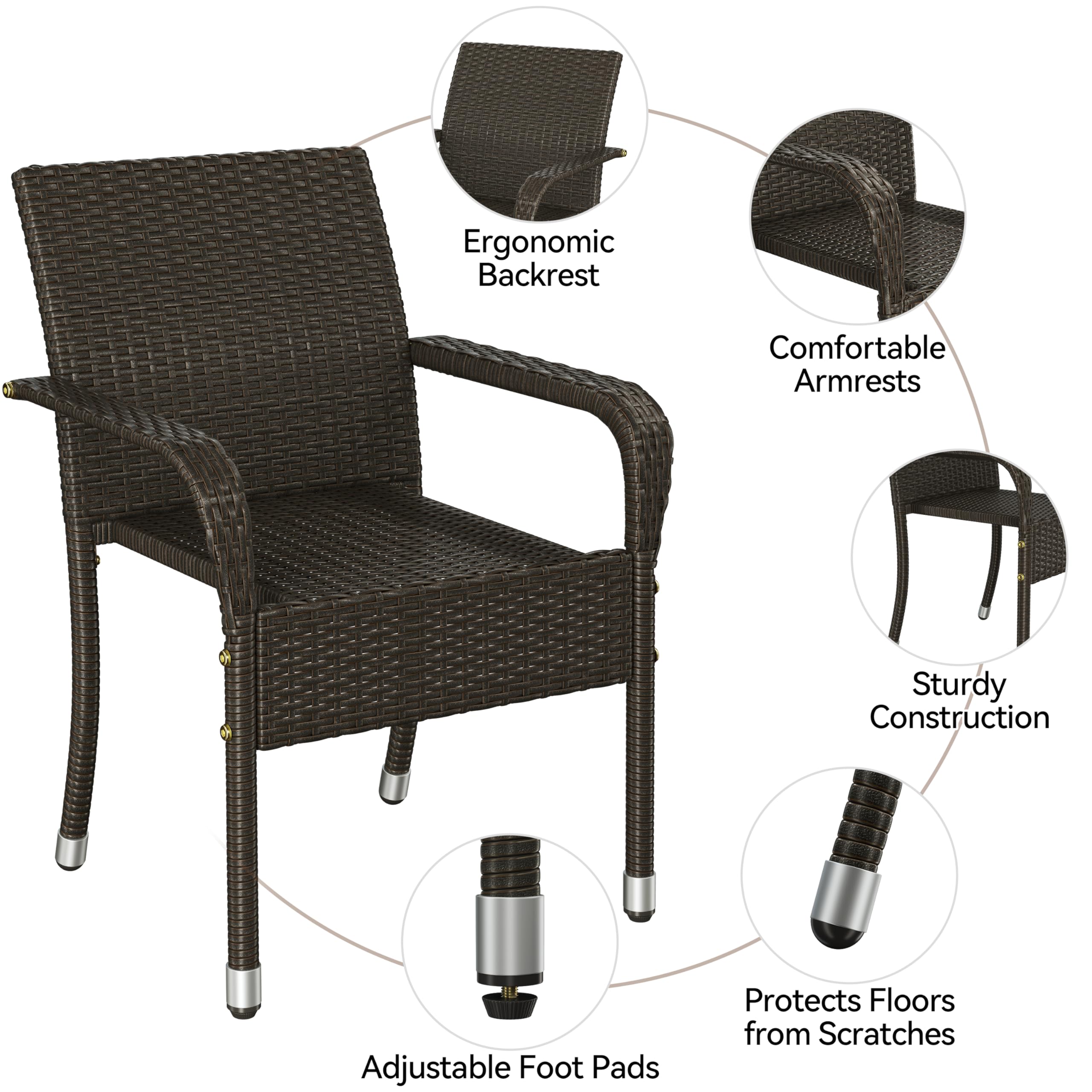 Yaheetech Set of 4 Stackable Outdoor Rattan Dining Chairs, All-Weather Armchair w/Armrests, Steel Frame for Garden, Patio, Deck, Yard, Poolside, Brown