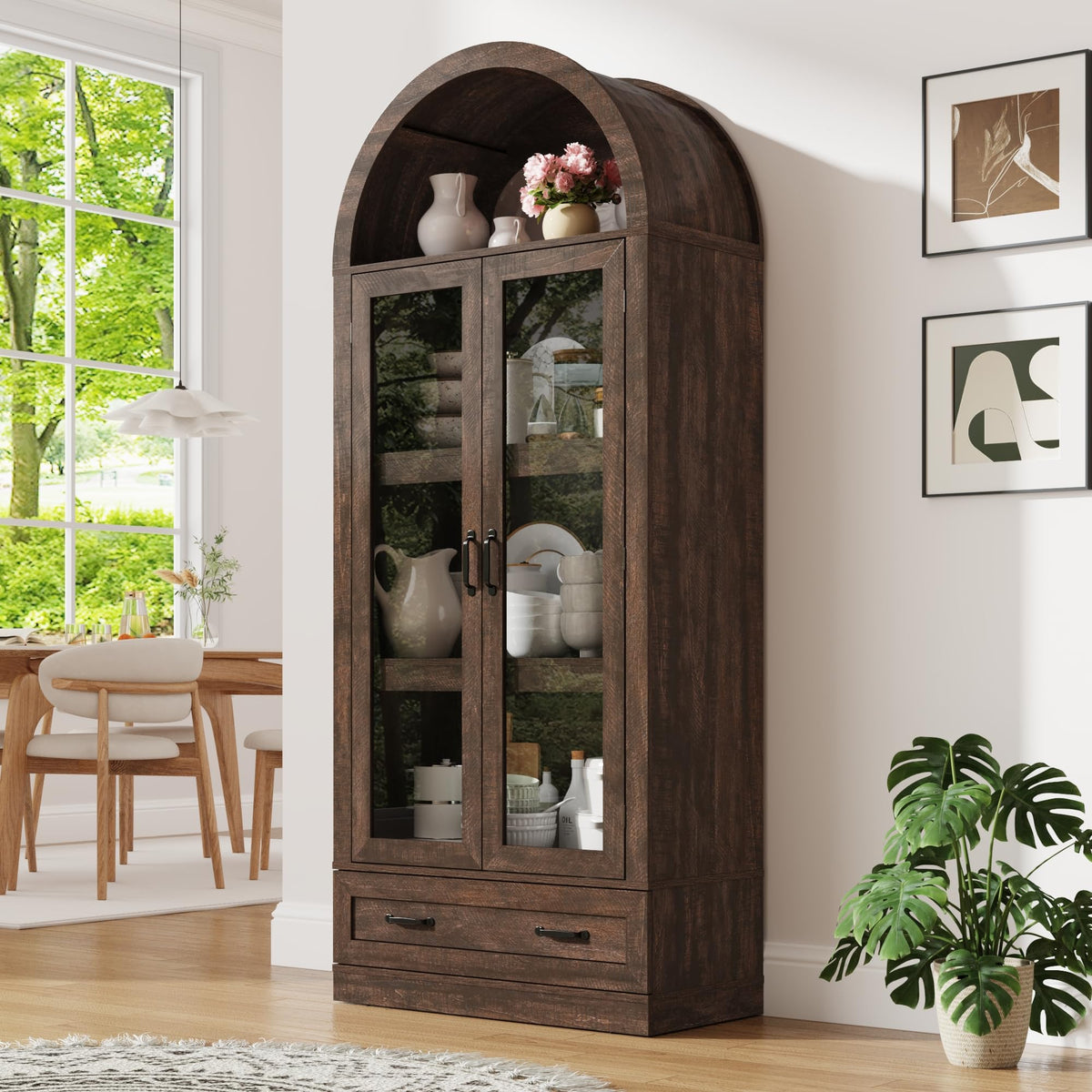 Arched Glass Door Pantry Cabinet