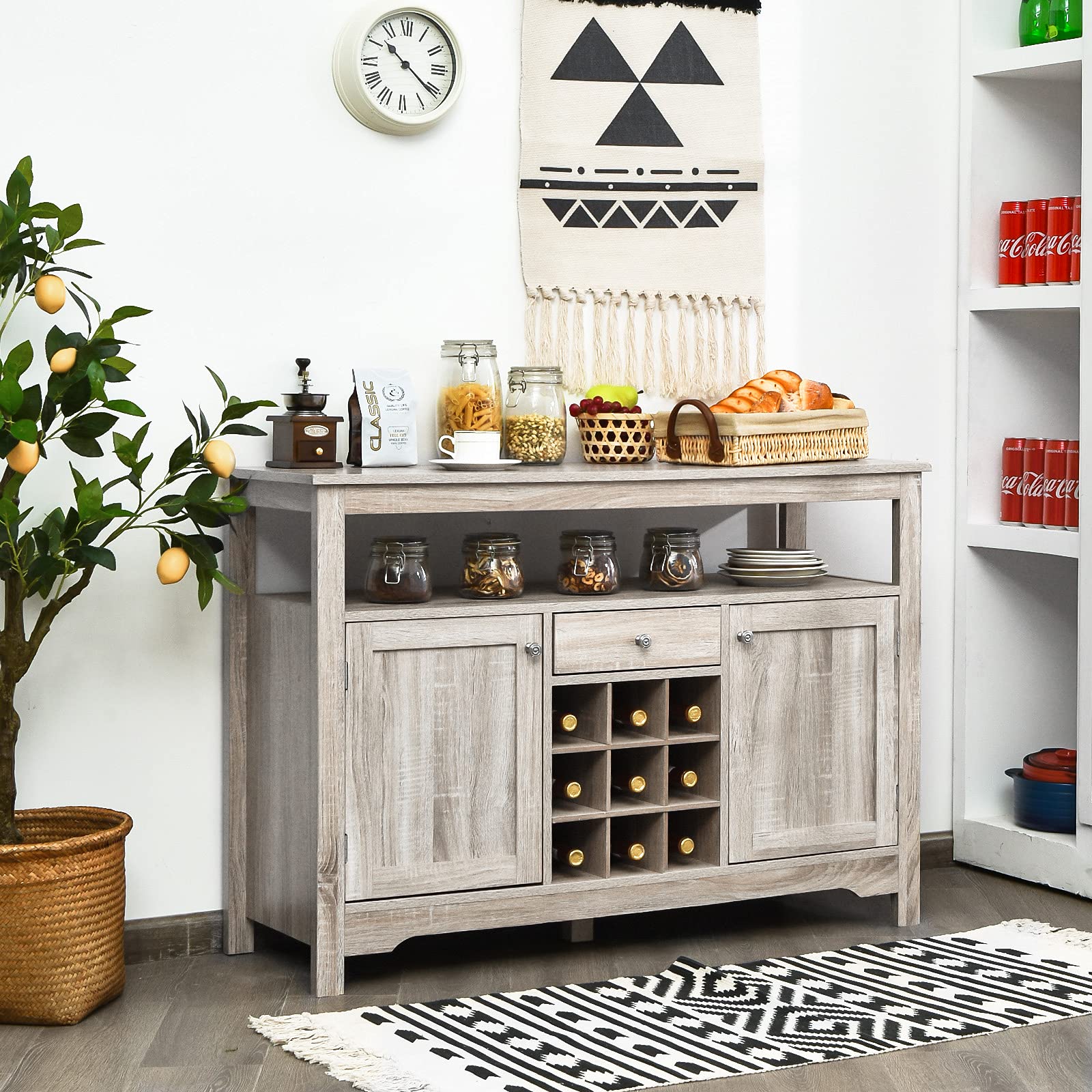 Giantex Buffet Server Sideboard, Console Wood Dining Table, Cupboard Table with 2 Cabinets, 1 Drawer and 9 Wine Cabinets, Storage Organizer Kitchen and Dining Room (Gray)