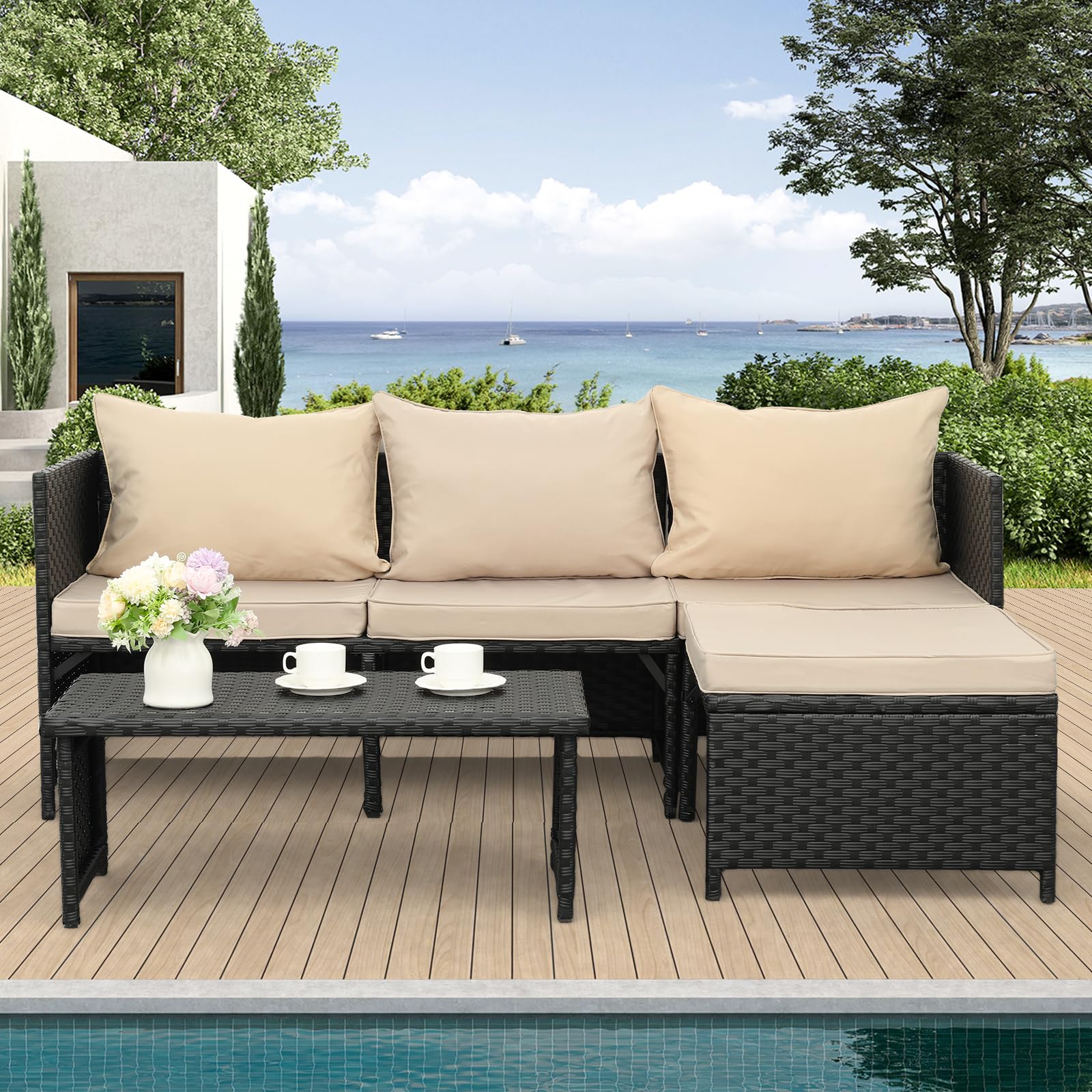 3-Piece Outdoor Wicker Conversation Set with Cushions