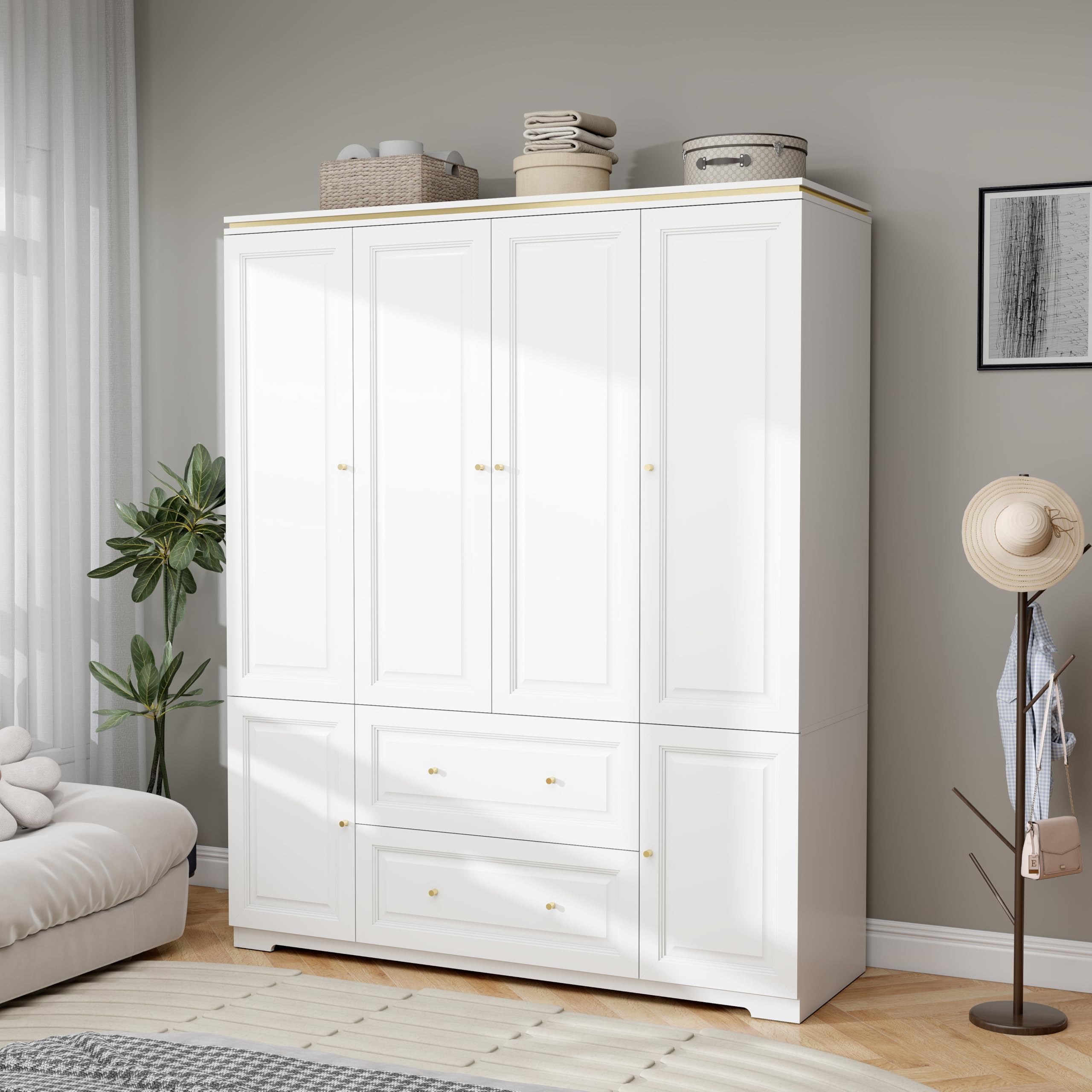 LABROSKIA White Wardrobe with 2 Drawers: 74" Large Wardrobe Closet for Hanging Clothes, Tall Armoire Closet with 4 Doors, Bedroom Armoires with Hanging Rod (59")