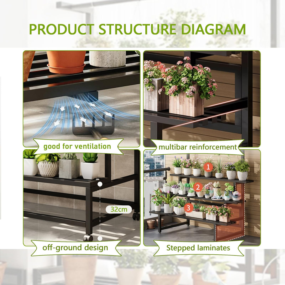 4 Tier Plant Stand on Wheels, 440Lbs Heavy Duty W47" Metal Flower Rack