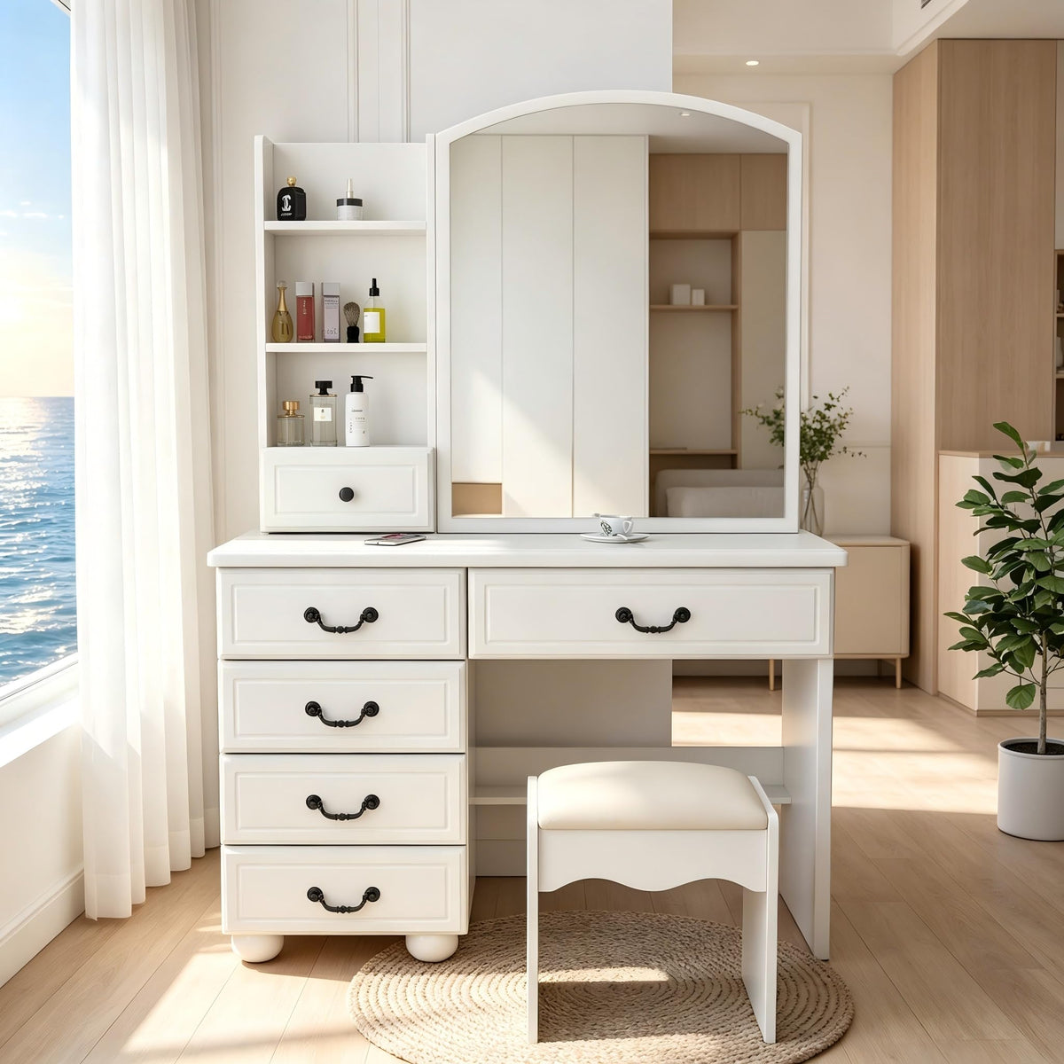 PVWIIK Vanity Desk with LED Lighted Mirror, 3 Dimmable Light Modes, Makeup Vanity Set with Chair, 6 Drawers & Open Storage Shelves, White Dressing Table for Bedroom