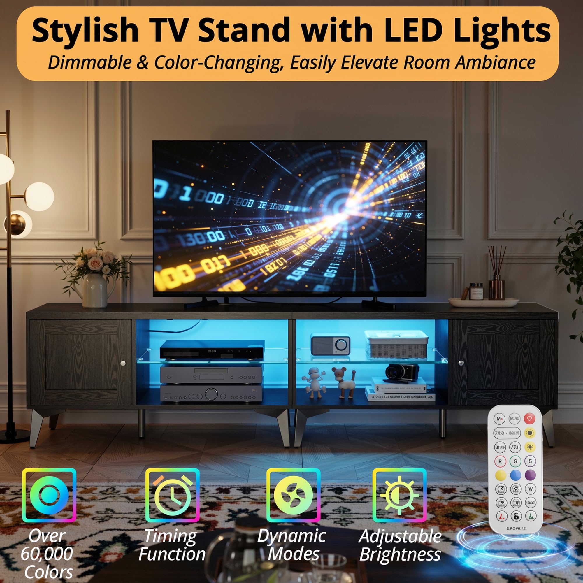 80" 2-in-1 TV Stand with LED Lights & Charging Station