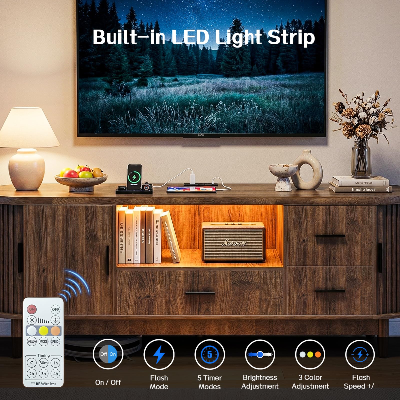 63" Mid-Century Modern TV Stand with LED Lights & Power Outlet