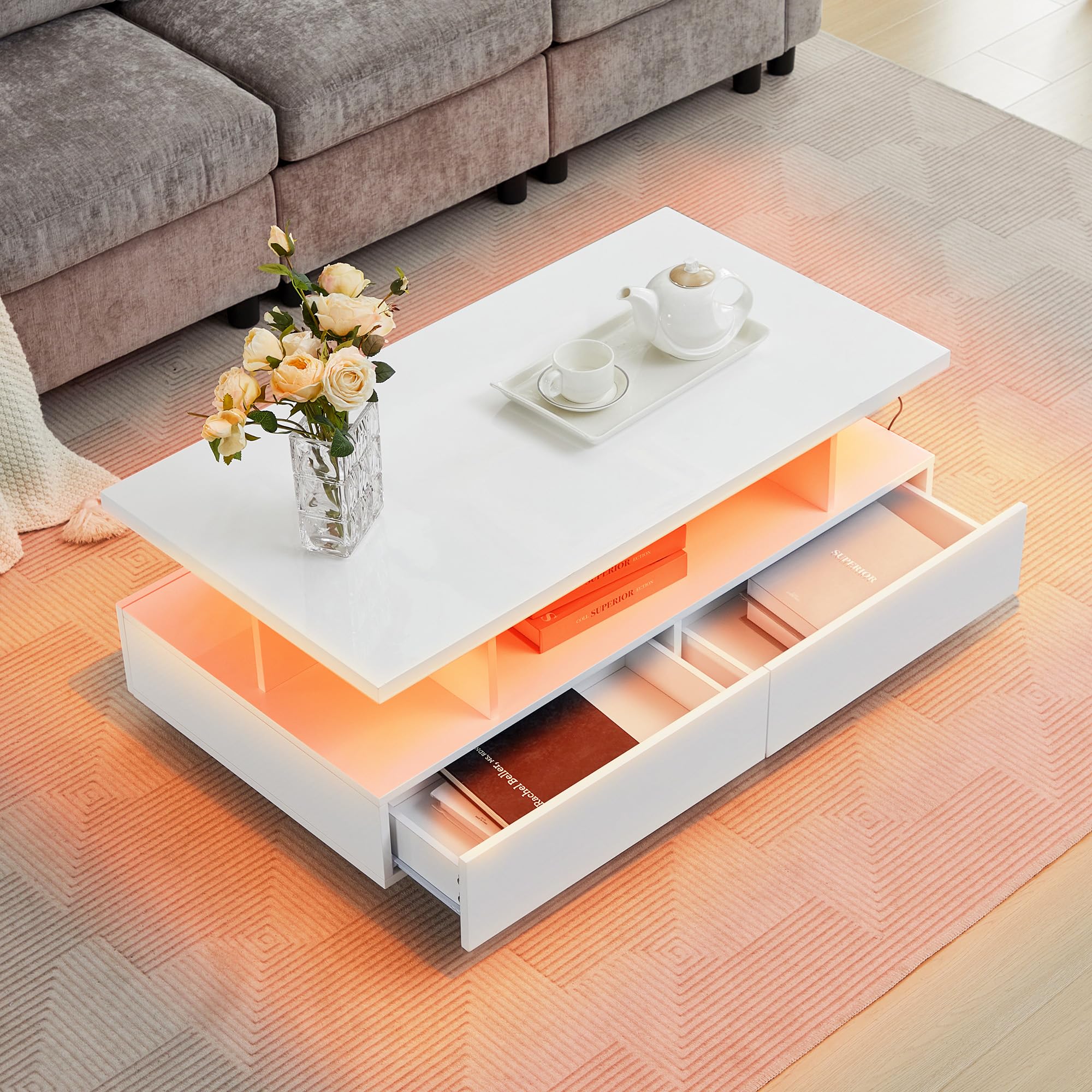 Tltaroni LED Coffee Table, Modern High Glossy Living Room Table with 4 Drawers and Open Display Shelf Wood Rectangle Center Tables with Storage for Living Room, White