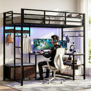 Twin Loft Bed with L-Shaped Desk, LED Lights & Charging Station