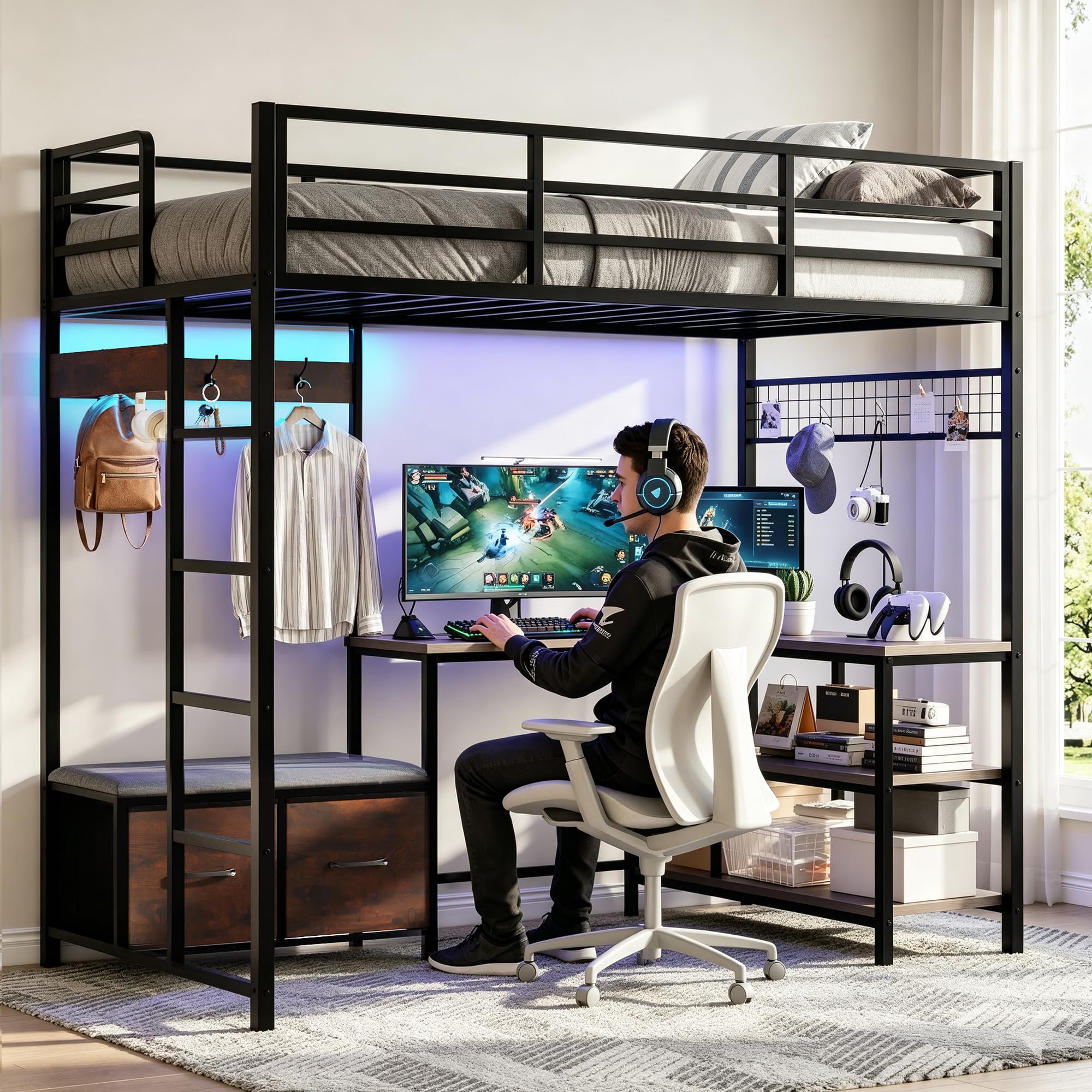 Vabches Twin Loft Bed with L-Shaped Desk,LED Lights,Charging Station,Metal Kids Loft Bed Twin Size with Storage Drawers,Coat Rack,Safety Guardrail & Ladder for Teen,Rustic Brown