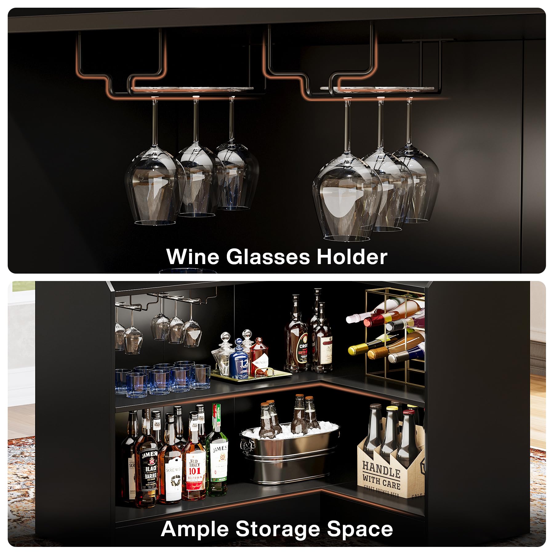 L-Shaped Corner Bar Cabinet with Stemware Racks
