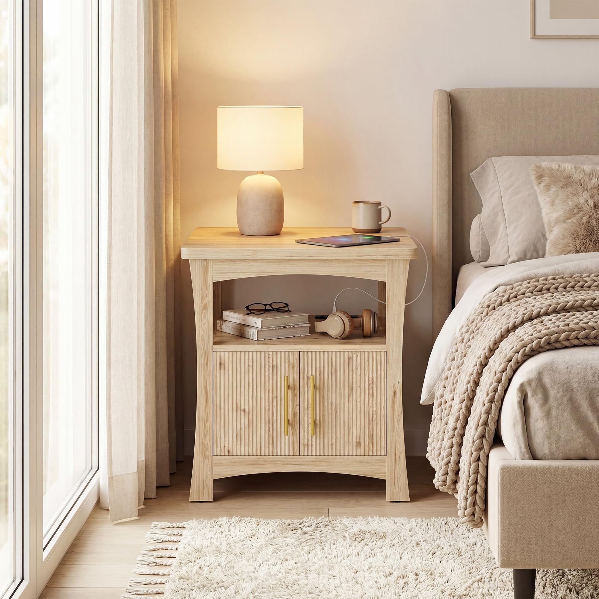 LIKIMIO Nightstand with Charging Station, Wood Night Stand, 23.6inch Large Bedside Table with Storage, End Table for Bedroom, Oak