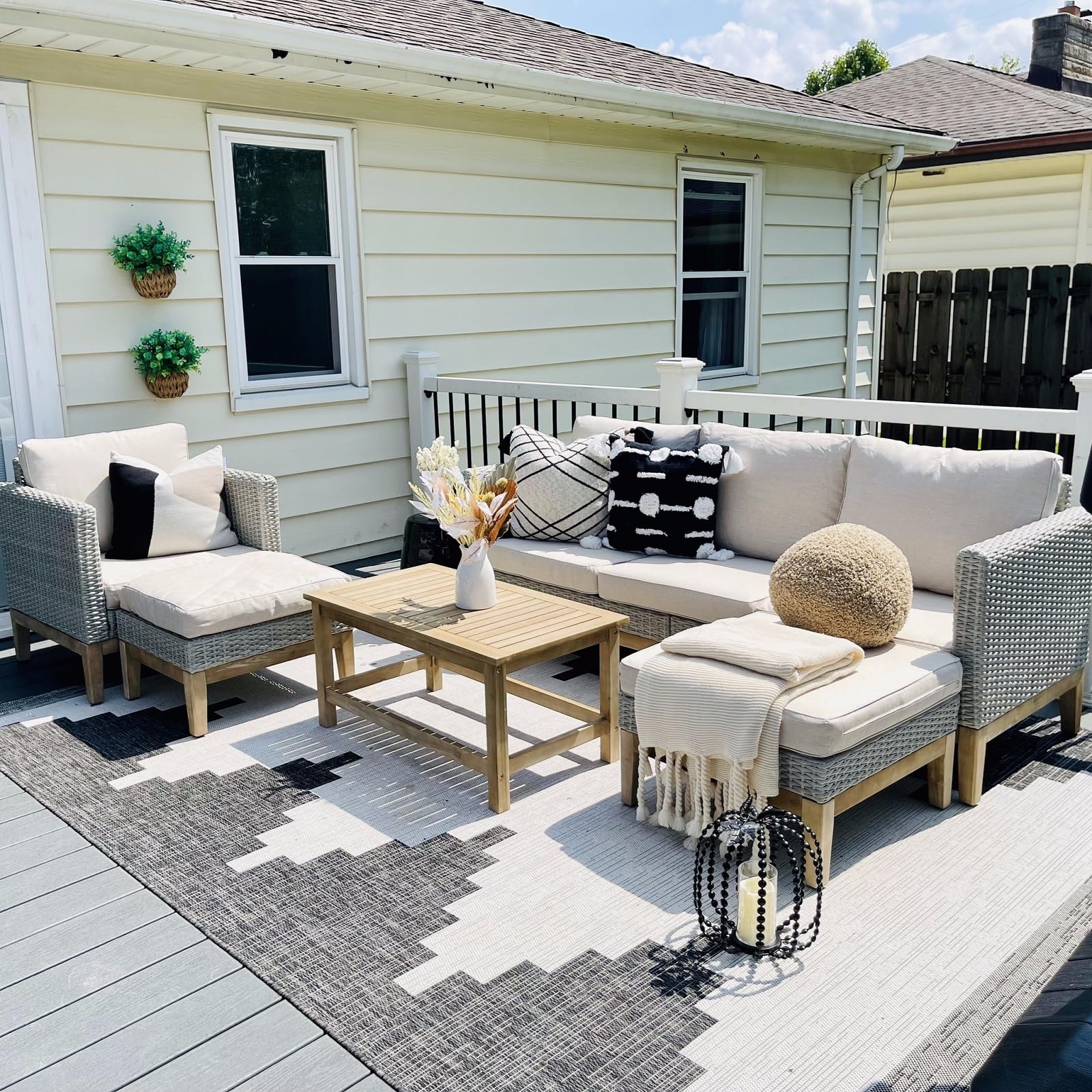 5-Piece High-Back Wicker Sectional Sofa Set with Acacia Wood Coffee Table