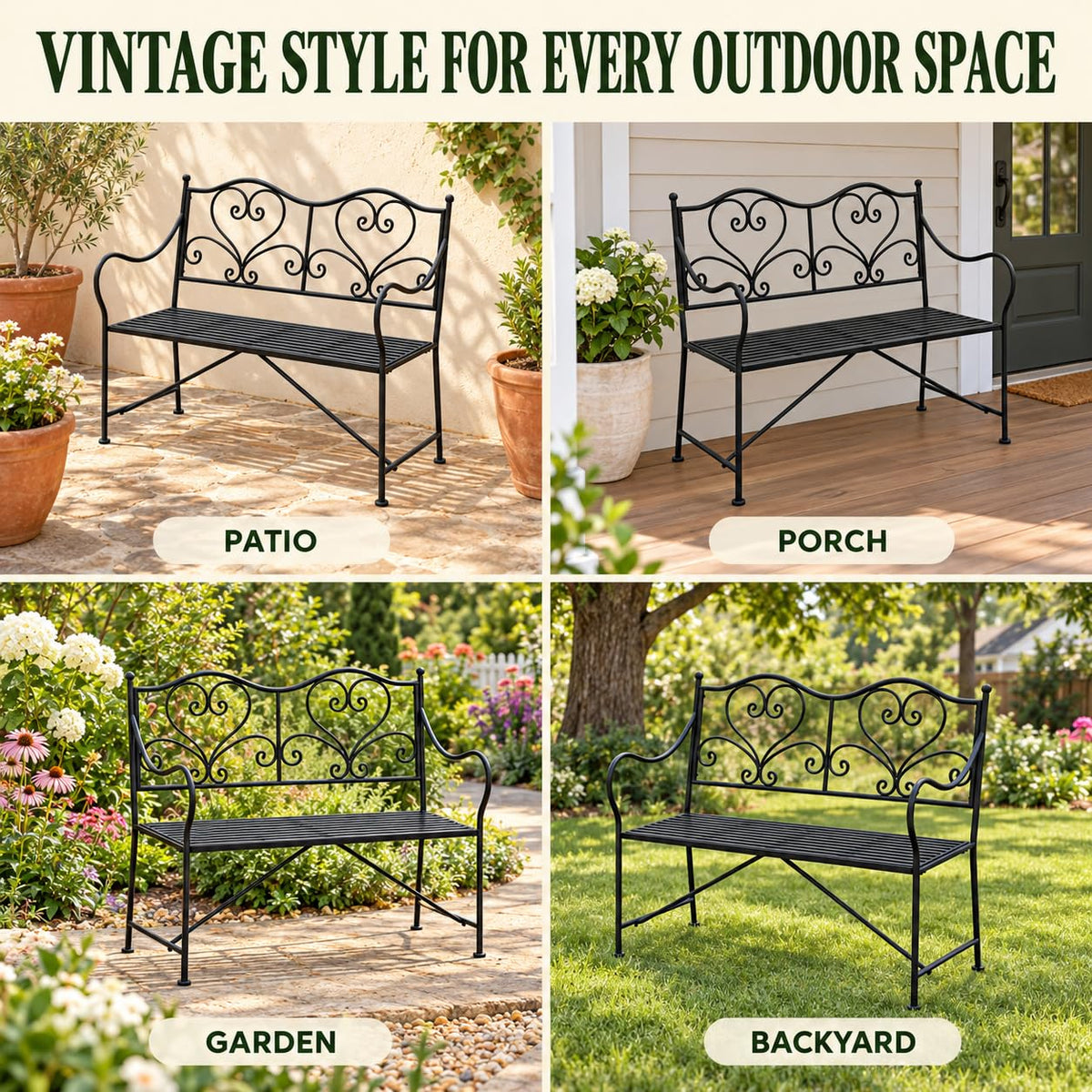 XYCCRX Metal Outdoor Garden Bench with Scrollwork Backrest, 41.7-Inch
